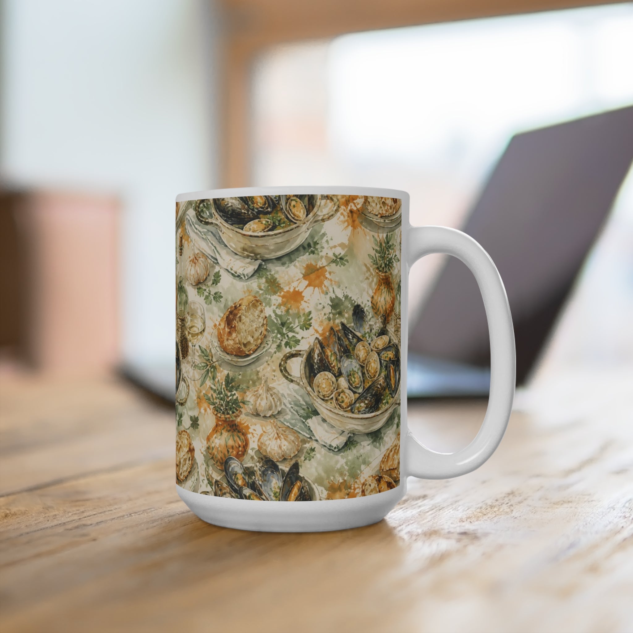 Mussels & Clams 15oz Ceramic Mug Mediterranean Kitchen Watercolor Splash Design Italian Cottagecore Gift