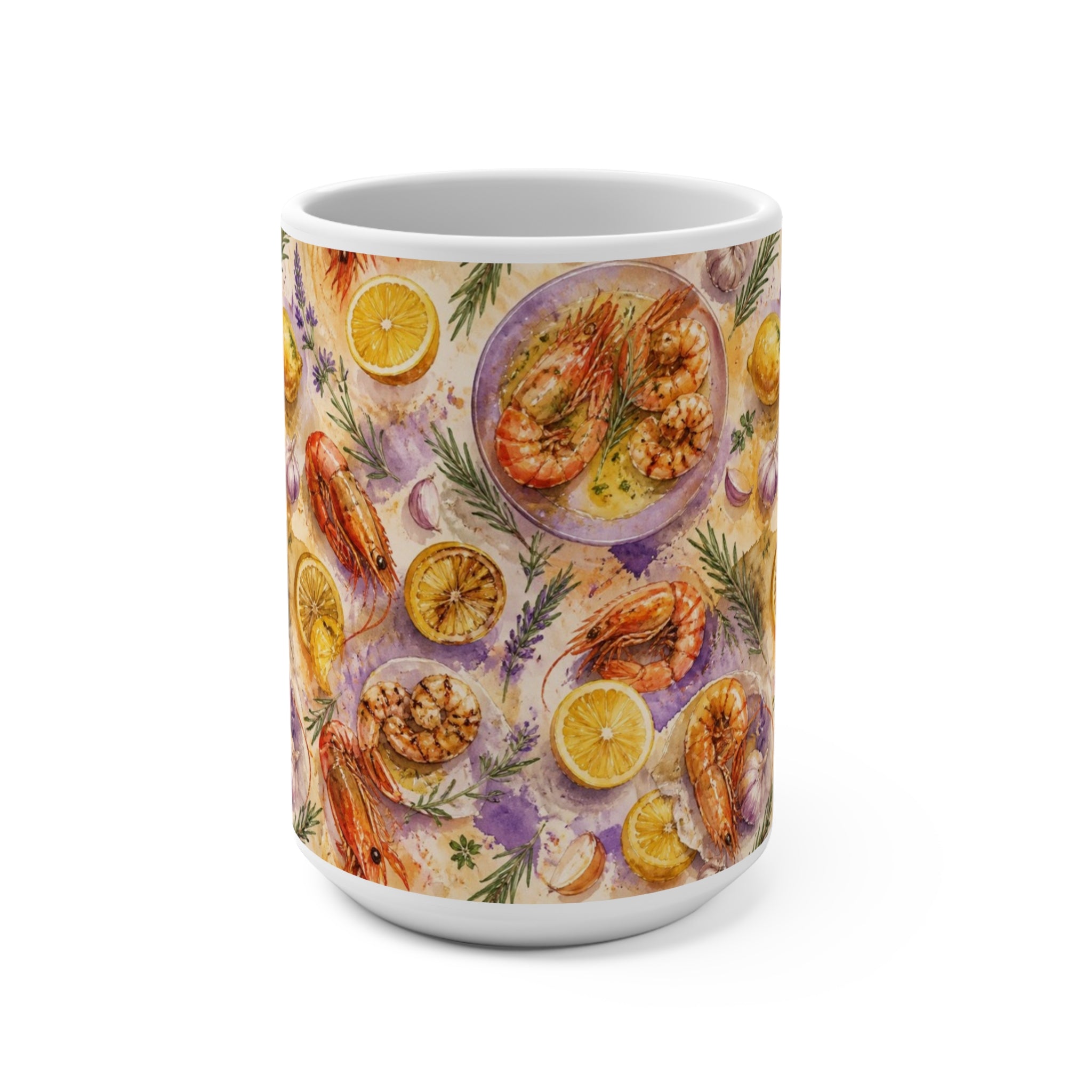 Mediterranean Shrimp 15oz Ceramic Mug Mediterranean Kitchen Watercolor Splash Design Italian Cottagecore Gift