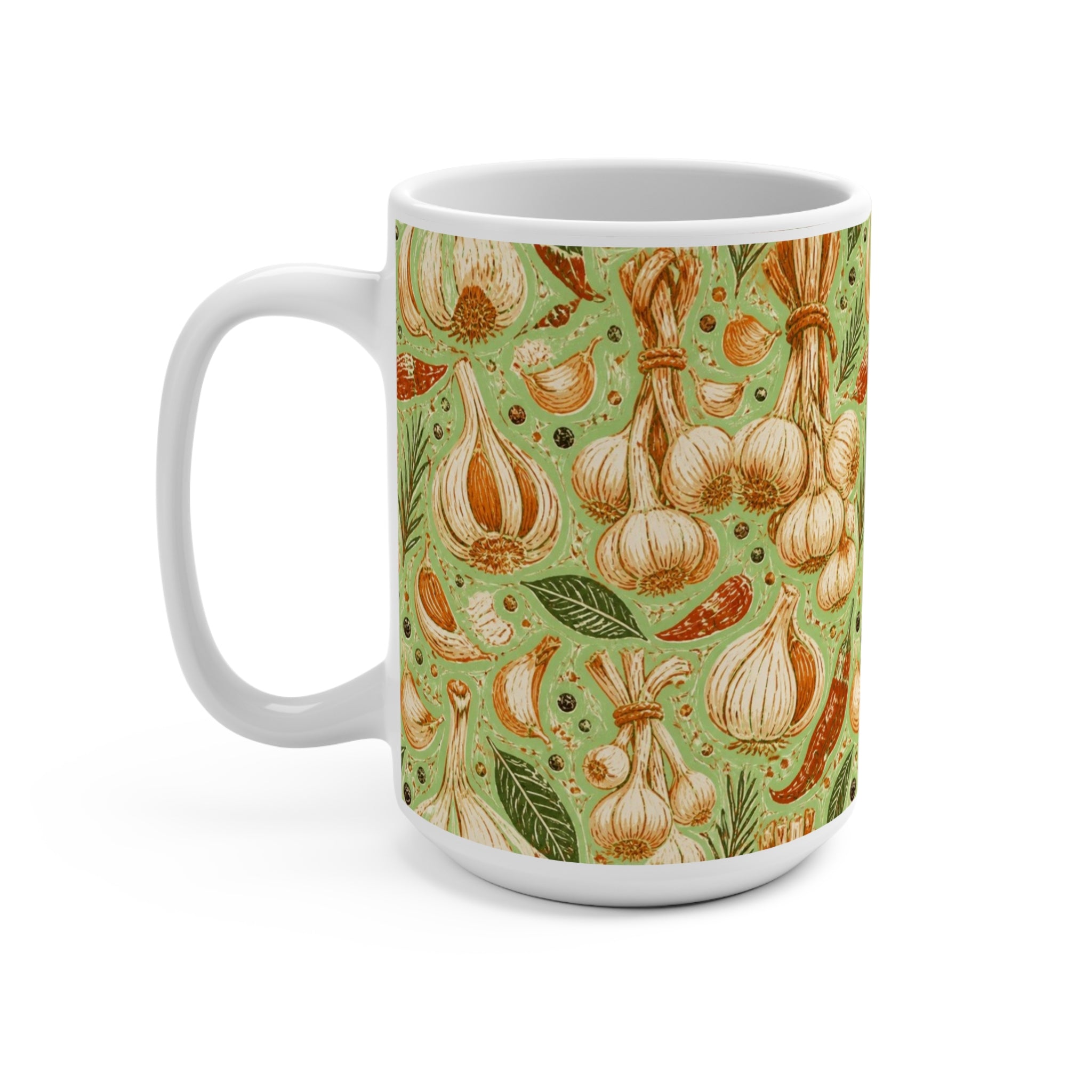 Garlic Bulbs & Cloves 15oz Ceramic Mug Mediterranean Kitchen Linocut Design Italian Cottagecore Gift