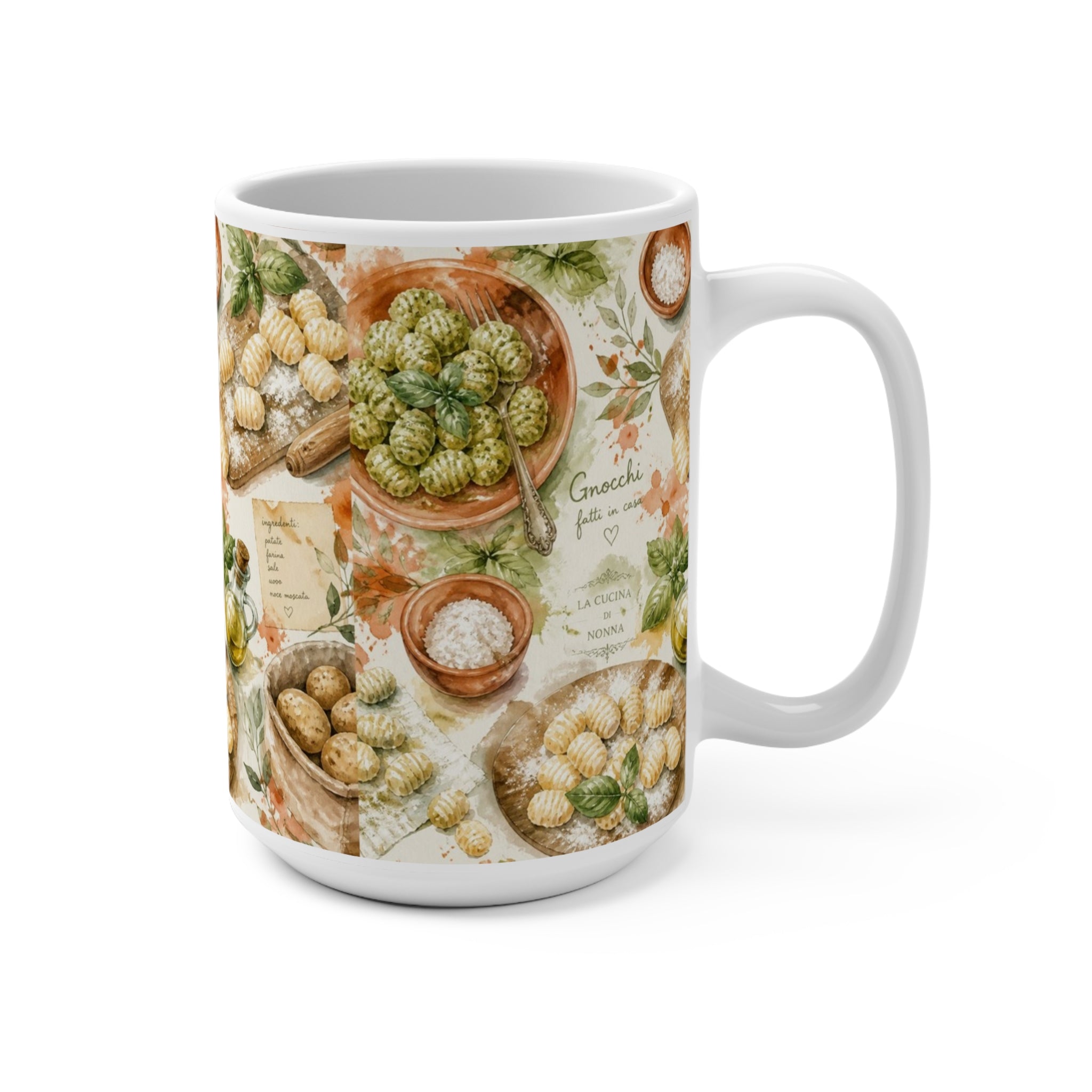 Potato Gnocchi 15oz Ceramic Mug Mediterranean Kitchen Watercolor Splash Design Italian Cottagecore Gift