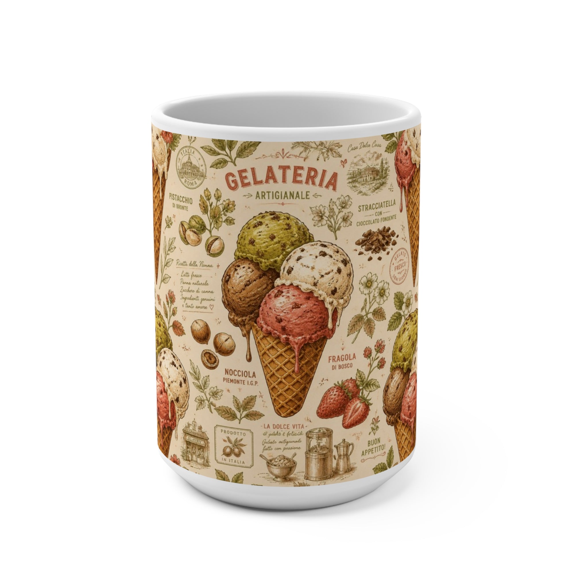 Gelato Scoops 15oz Ceramic Mug Mediterranean Kitchen Botanical Design Italian Cottagecore Gift