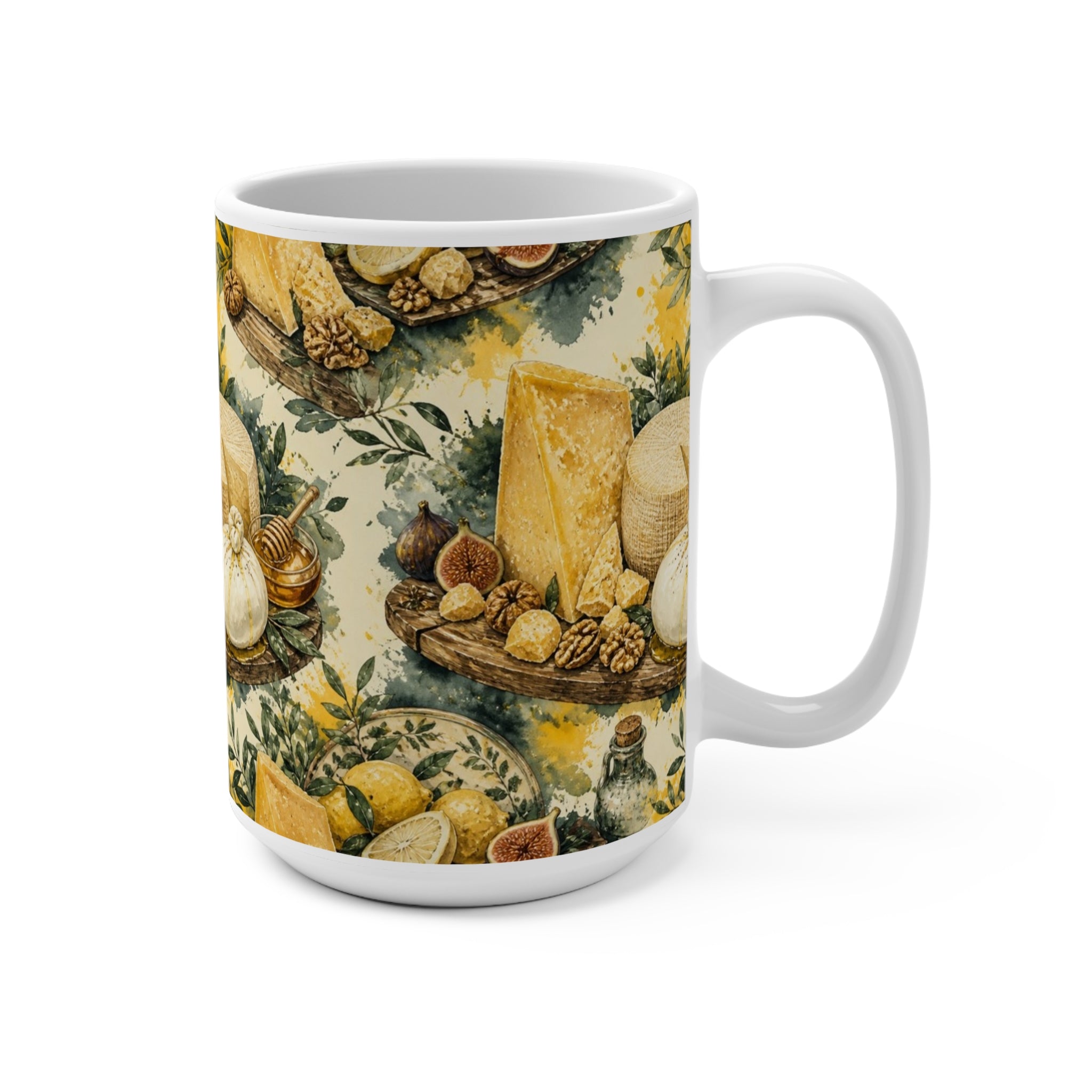 Italian Cheese Board 15oz Ceramic Mug Mediterranean Kitchen Watercolor Splash Design Italian Cottagecore Gift