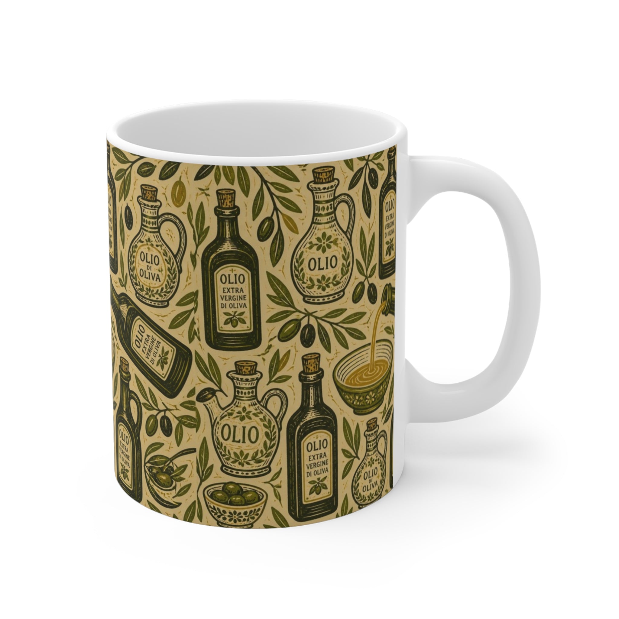 Olive Oil Bottles 11oz Ceramic Mug Mediterranean Kitchen Linocut Design Italian Cottagecore Gift