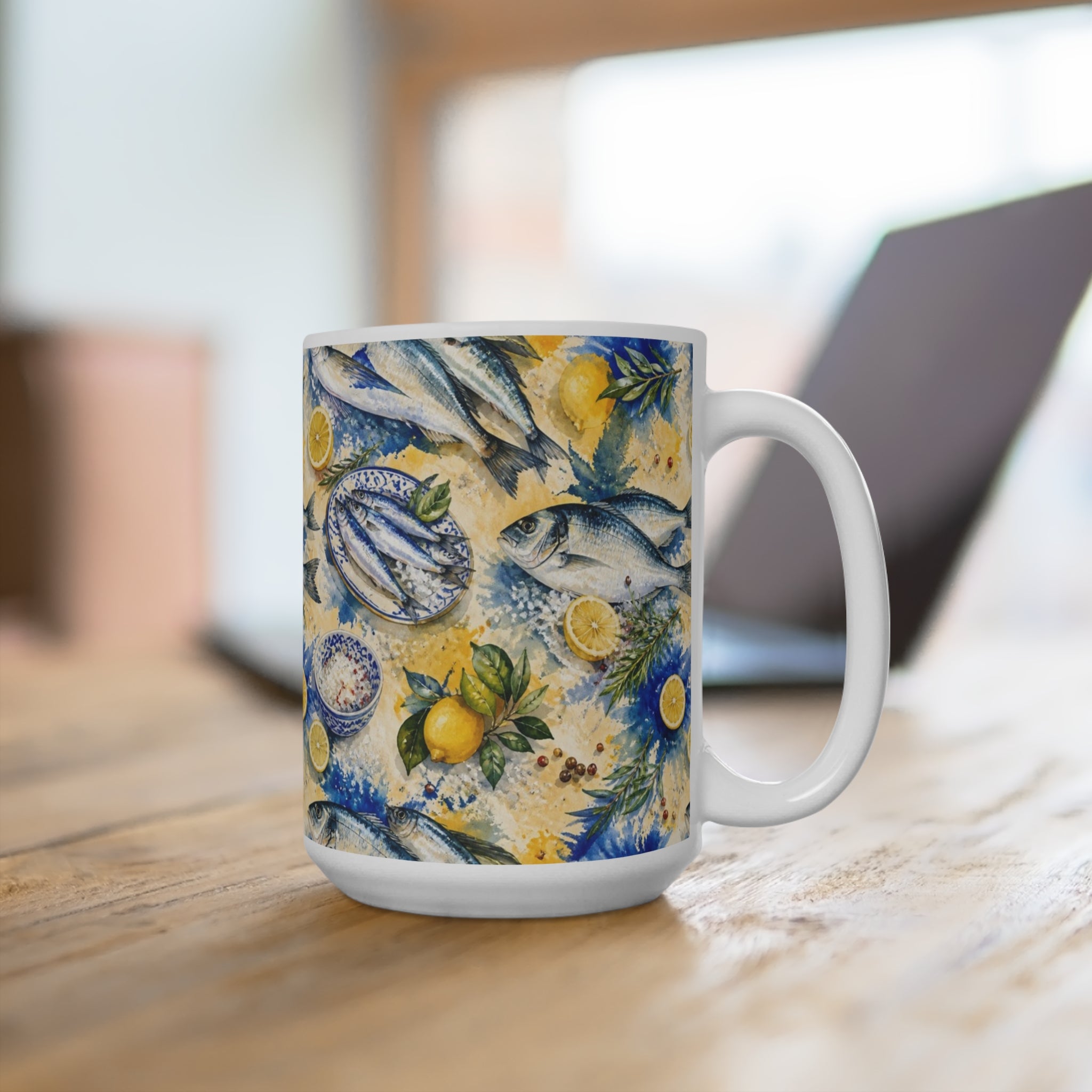Mediterranean Fish 15oz Ceramic Mug Mediterranean Kitchen Watercolor Splash Design Italian Cottagecore Gift