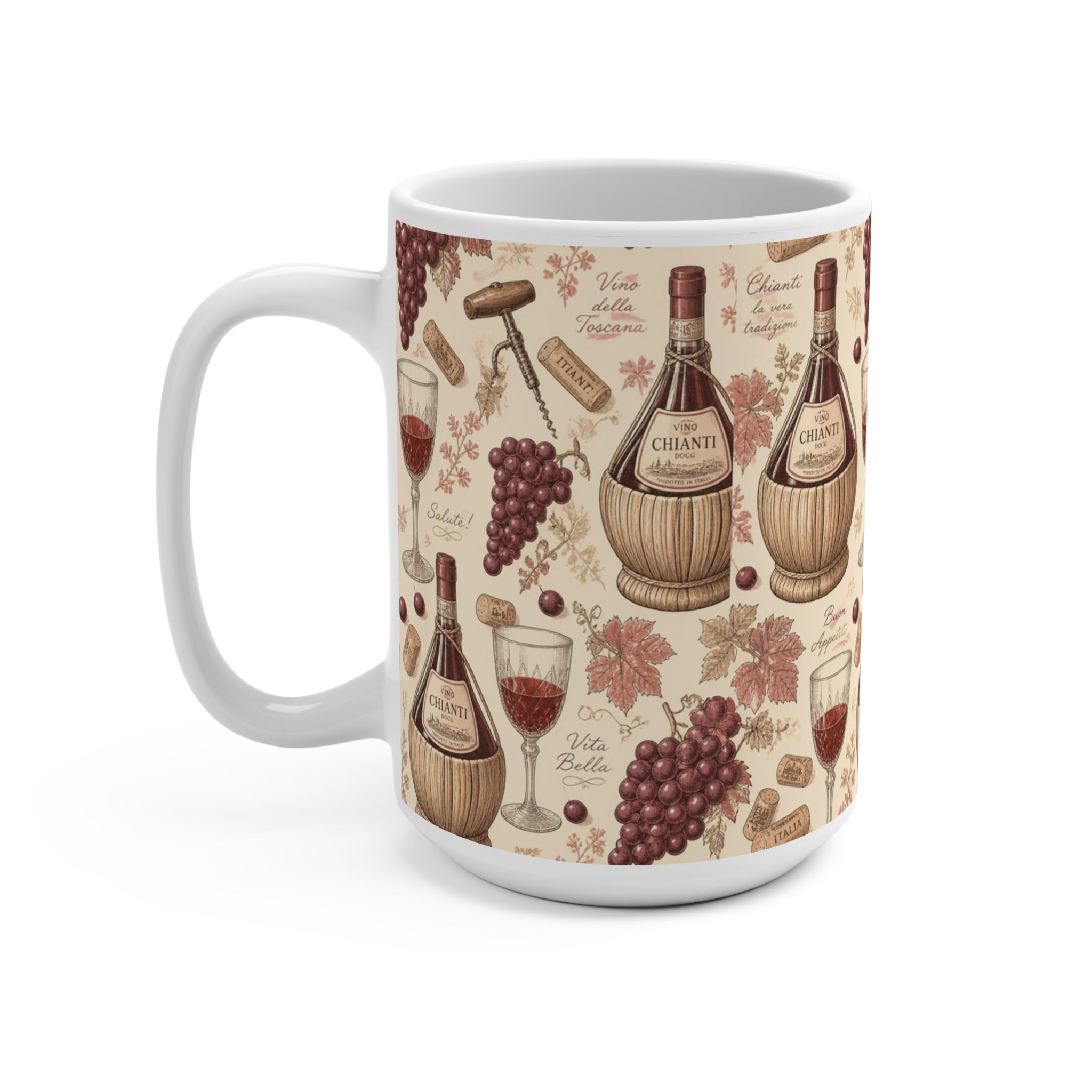 Wine Bottles & Glasses 15oz Ceramic Mug Mediterranean Kitchen Botanical Design Italian Cottagecore Gift