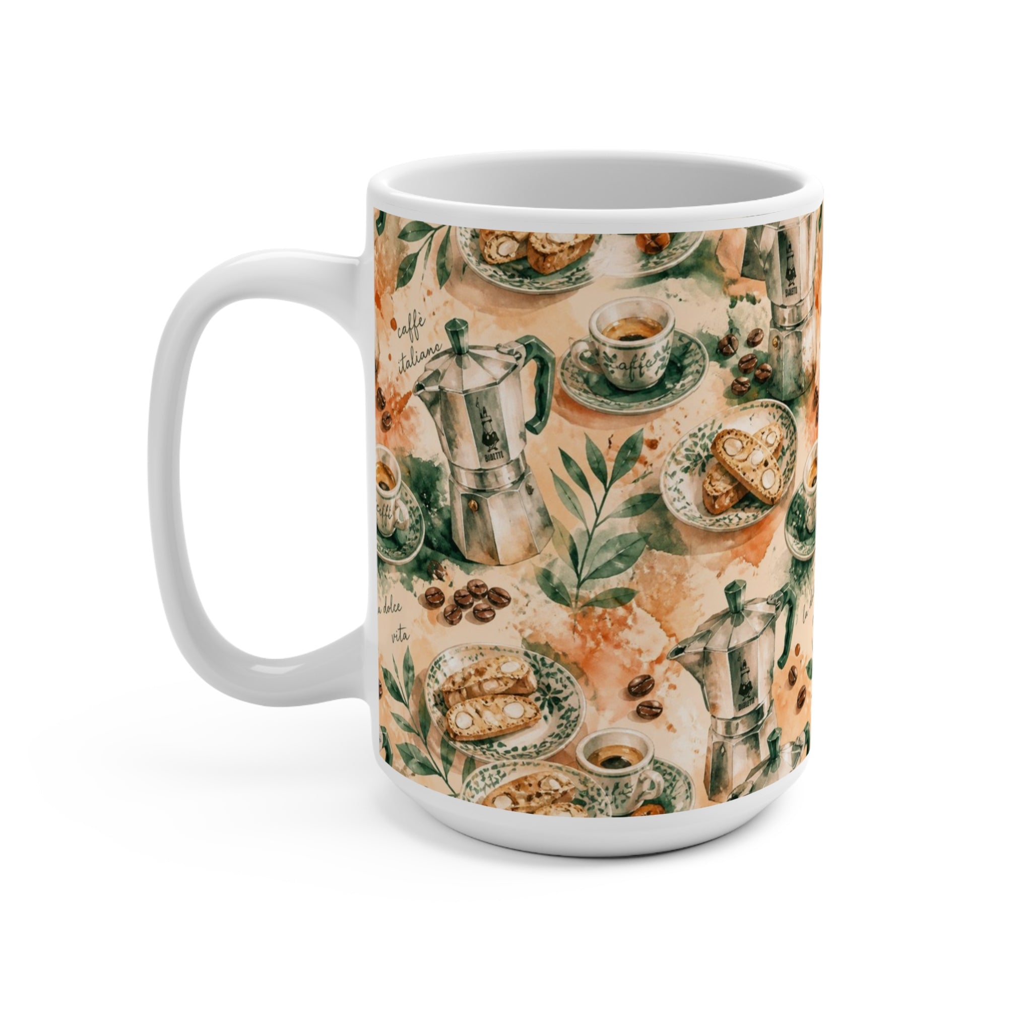 Espresso Moka Pot 15oz Ceramic Mug Mediterranean Kitchen Watercolor Splash Design Italian Cottagecore Gift