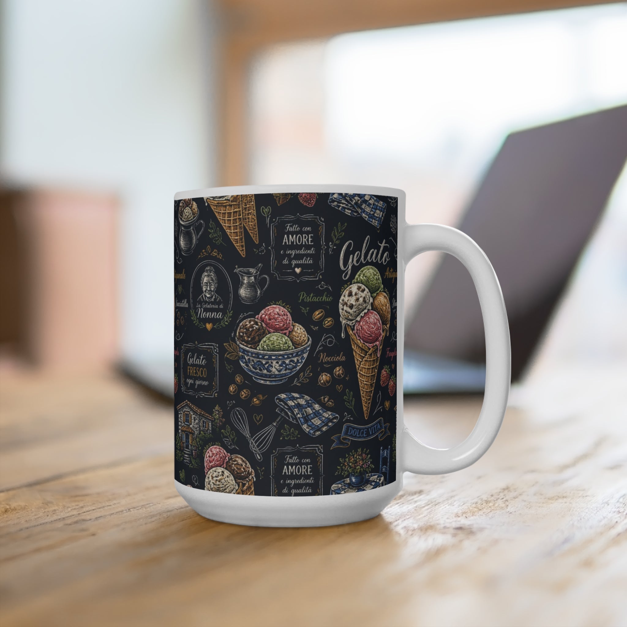 Gelato Scoops 15oz Ceramic Mug Mediterranean Kitchen Chalk Art Design Italian Cottagecore Gift