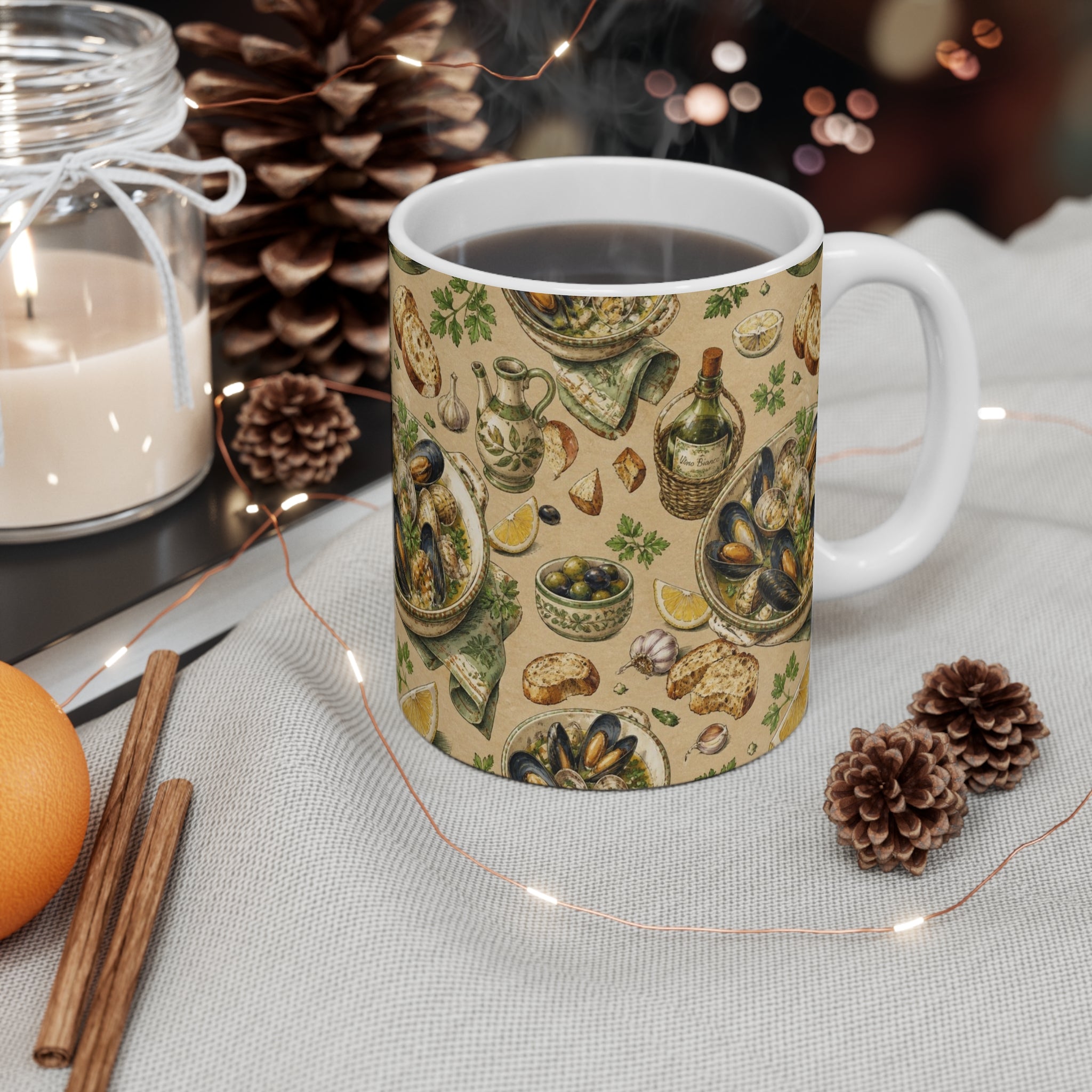 Mussels & Clams 11oz Ceramic Mug Mediterranean Kitchen Watercolor Design Italian Cottagecore Gift