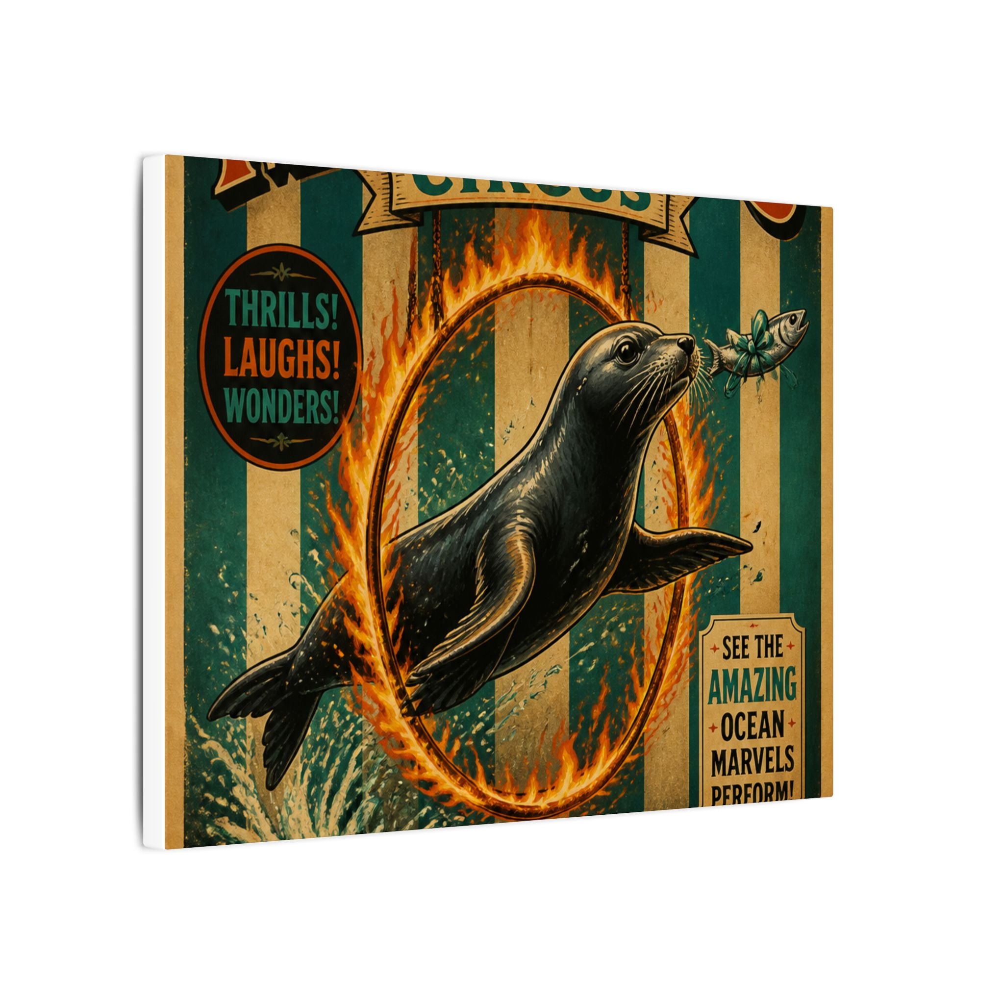 Seal Fire Hoop Wall Art Canvas 24×36 Vintage Circus Bedroom Decor Maximalist Print