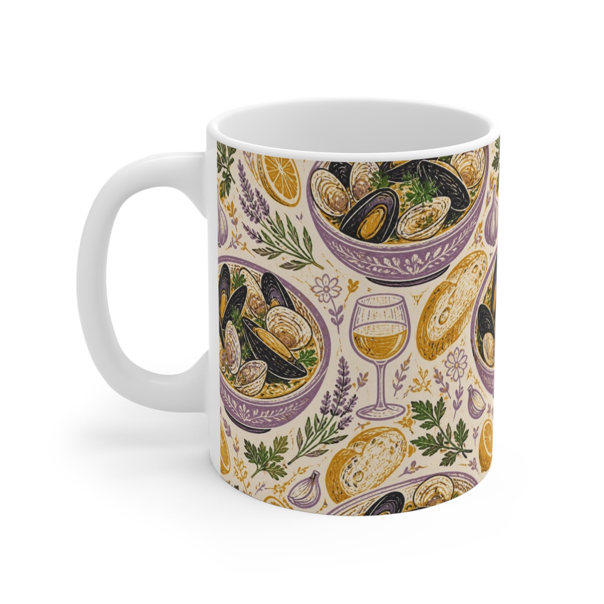 Mussels & Clams 11oz Ceramic Mug Mediterranean Kitchen Linocut Design Italian Cottagecore Gift