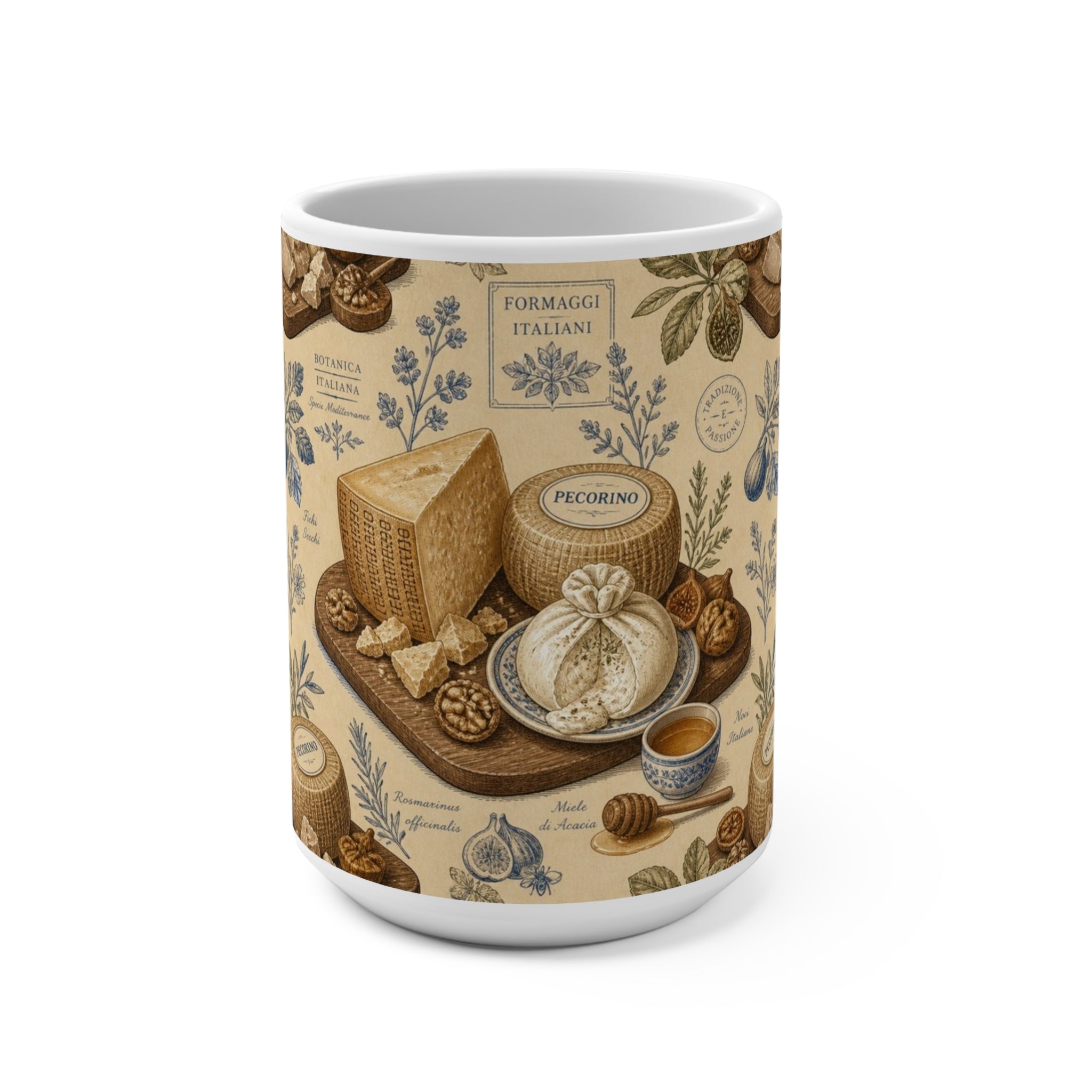 Italian Cheese Board 15oz Ceramic Mug Mediterranean Kitchen Botanical Design Italian Cottagecore Gift