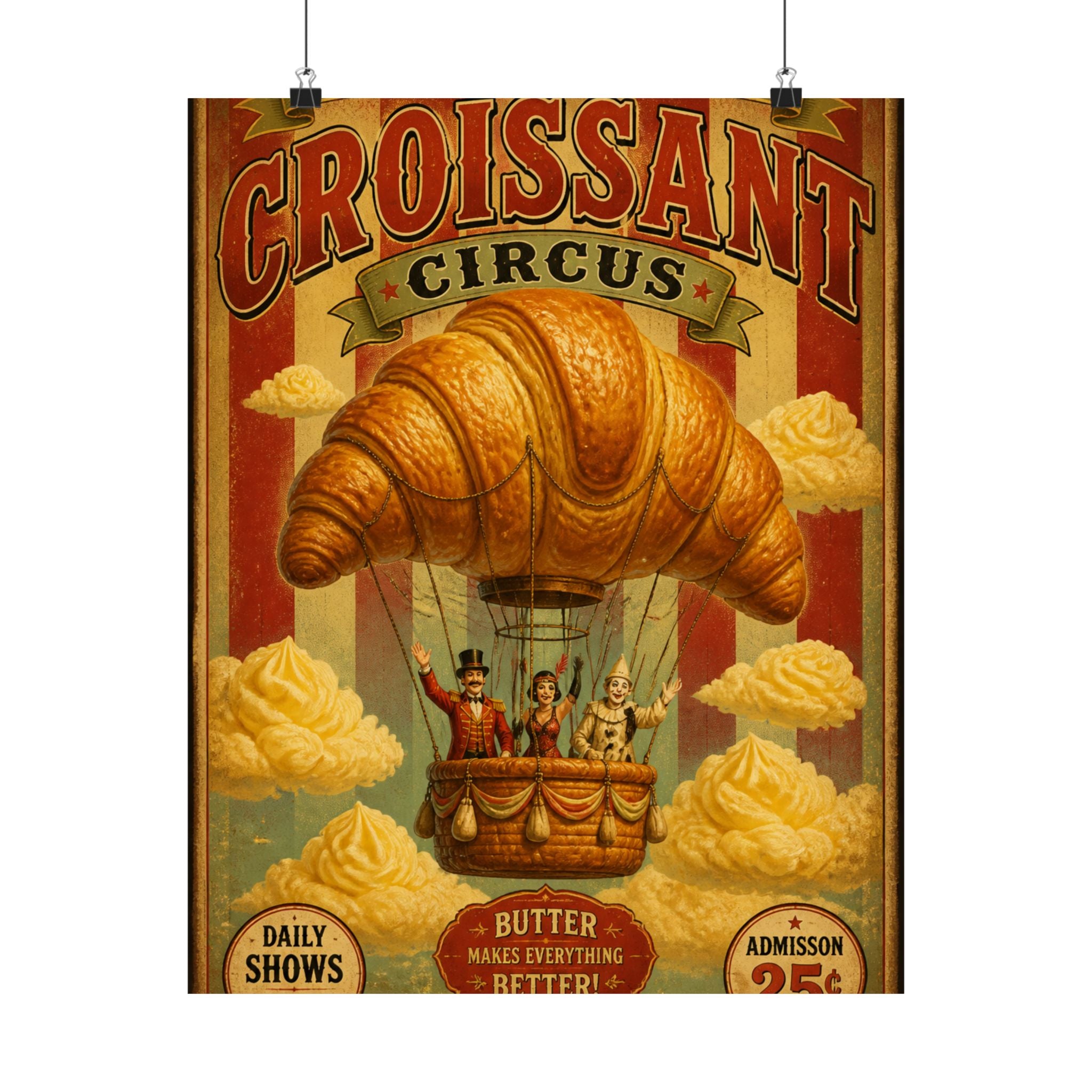 Croissant Hot Air Balloon Wall Art Poster 24×36 Vintage Circus Bedroom Decor Maximalist Print