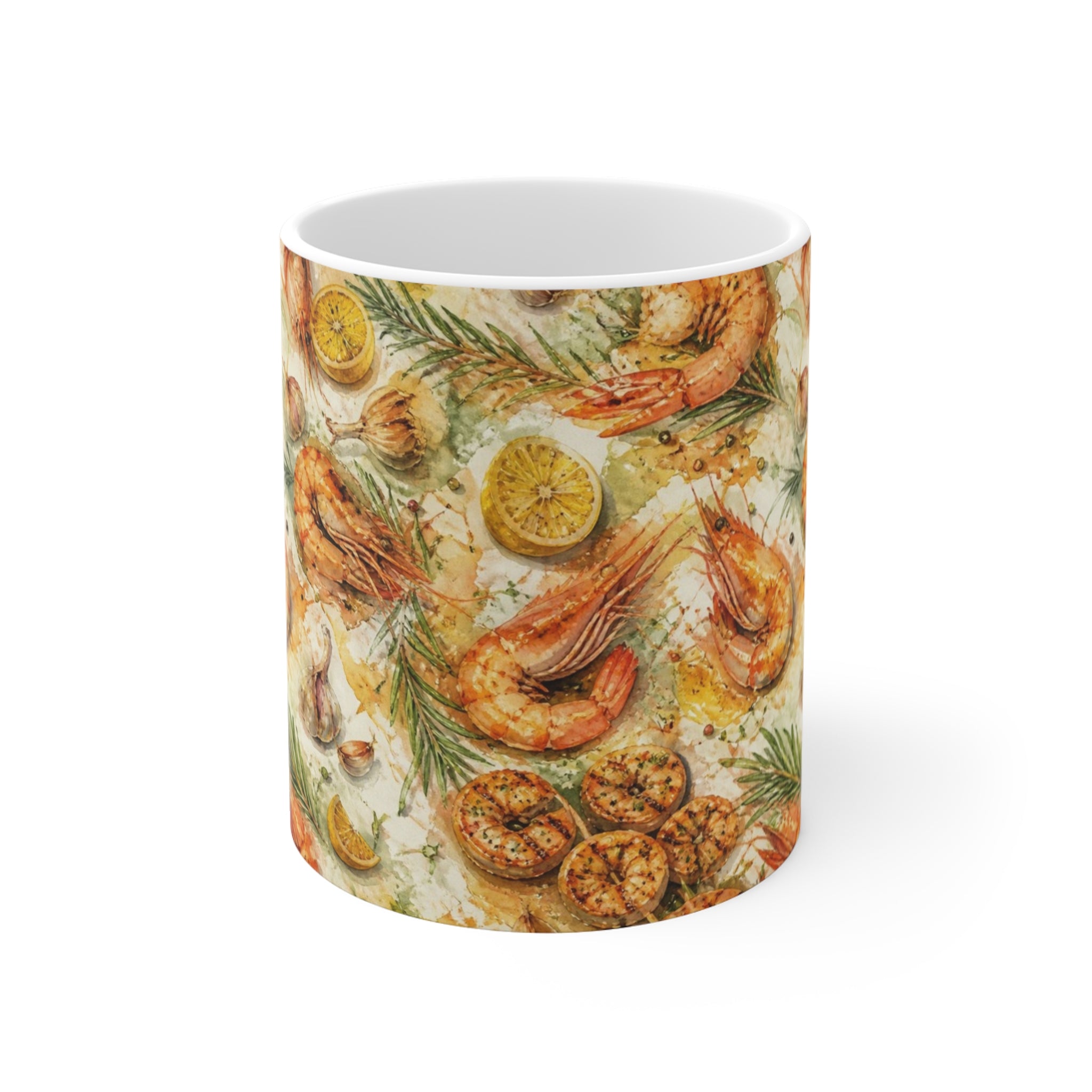 Mediterranean Shrimp 11oz Ceramic Mug Mediterranean Kitchen Watercolor Splash Design Italian Cottagecore Gift