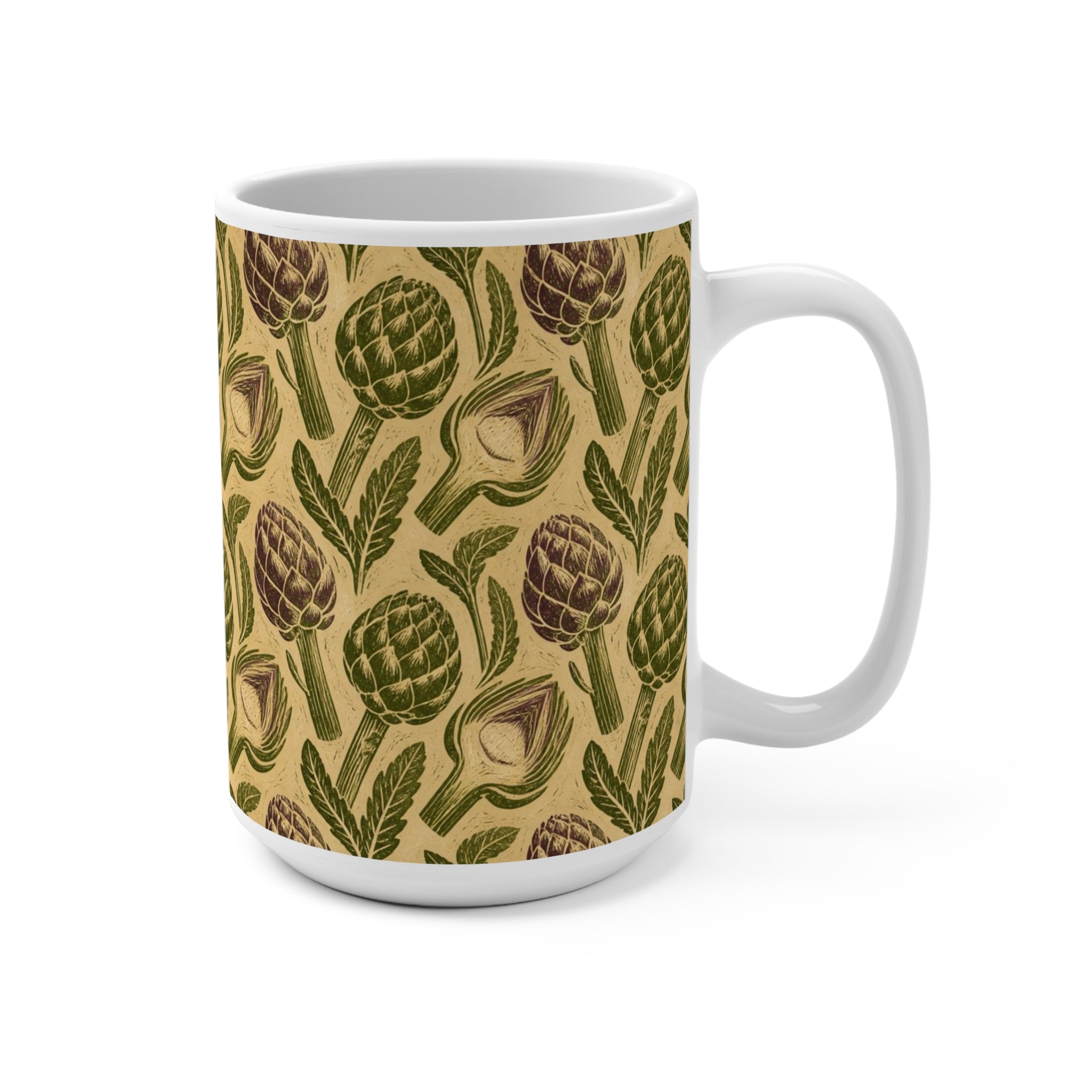 Globe Artichokes 15oz Ceramic Mug Mediterranean Kitchen Linocut Design Italian Cottagecore Gift