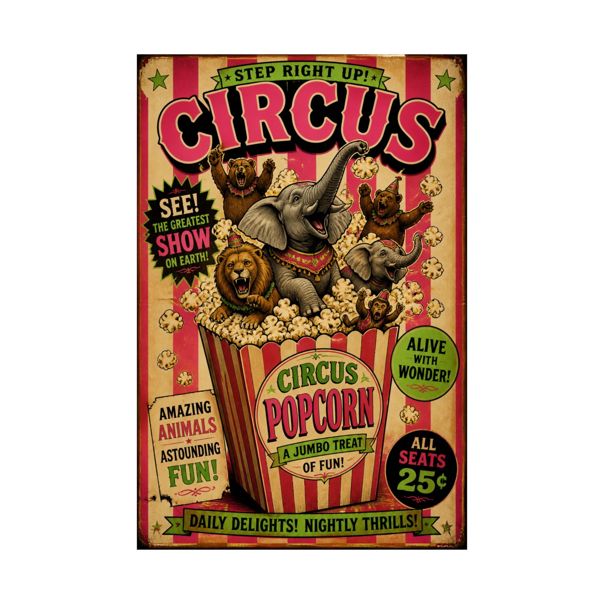 Popcorn Box Animals Wall Art Poster 18×24 Vintage Circus Kitchen Decor Maximalist Print
