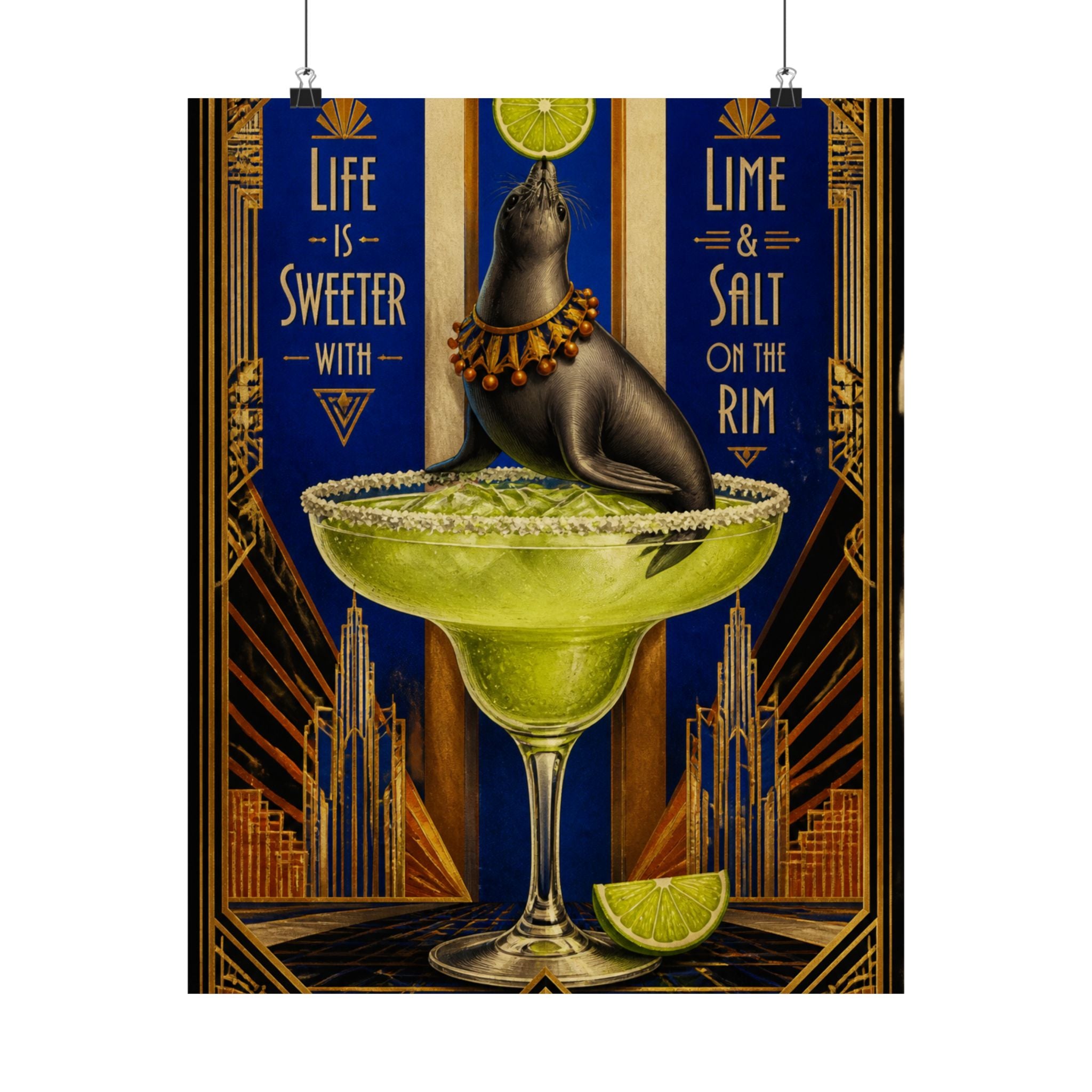 Margarita Balancing Seal Wall Art Poster 24×36 Art Deco Bar Area Decor Maximalist Print