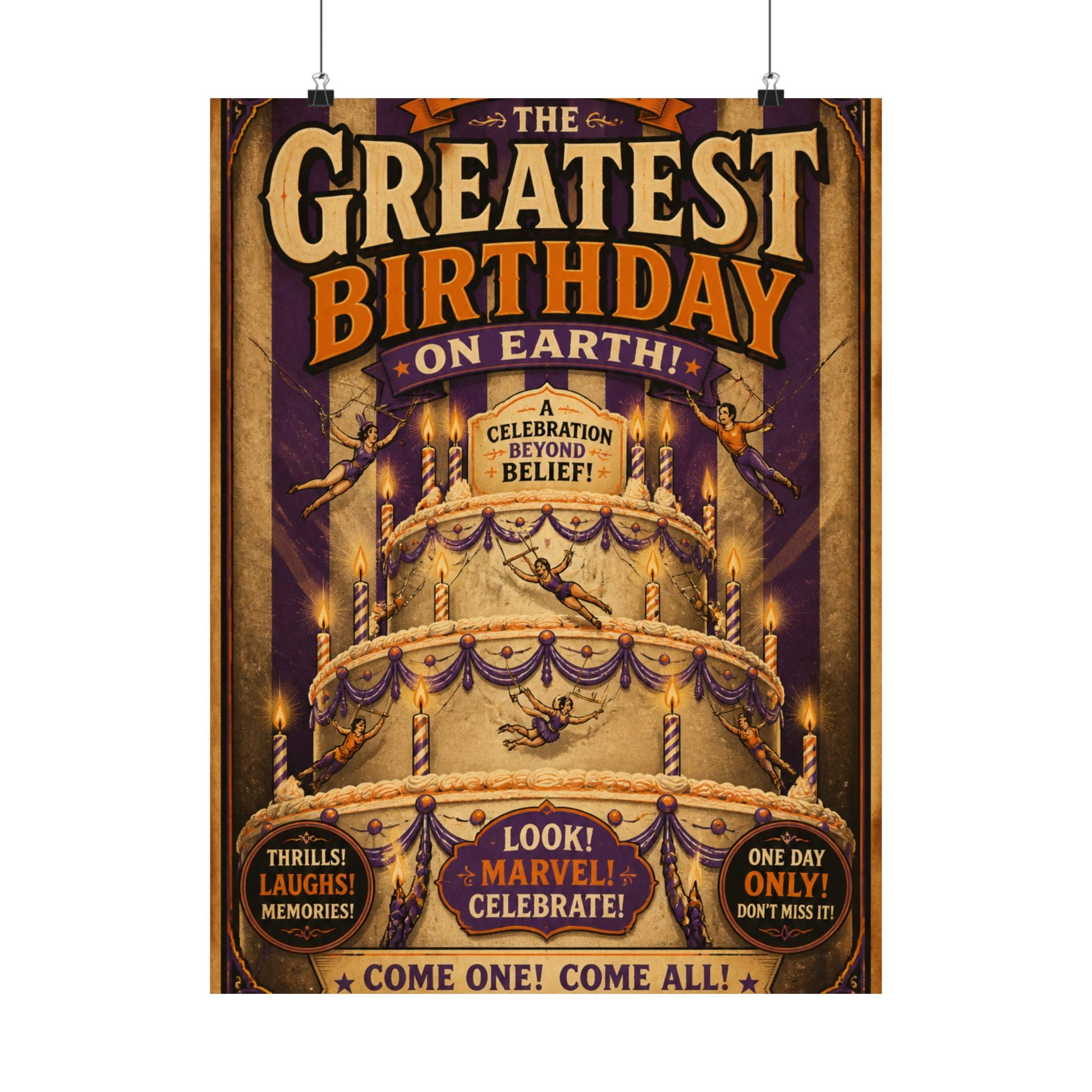 Birthday Cake Trapeze Wall Art Poster 18×24 Vintage Circus Kitchen Decor Maximalist Print