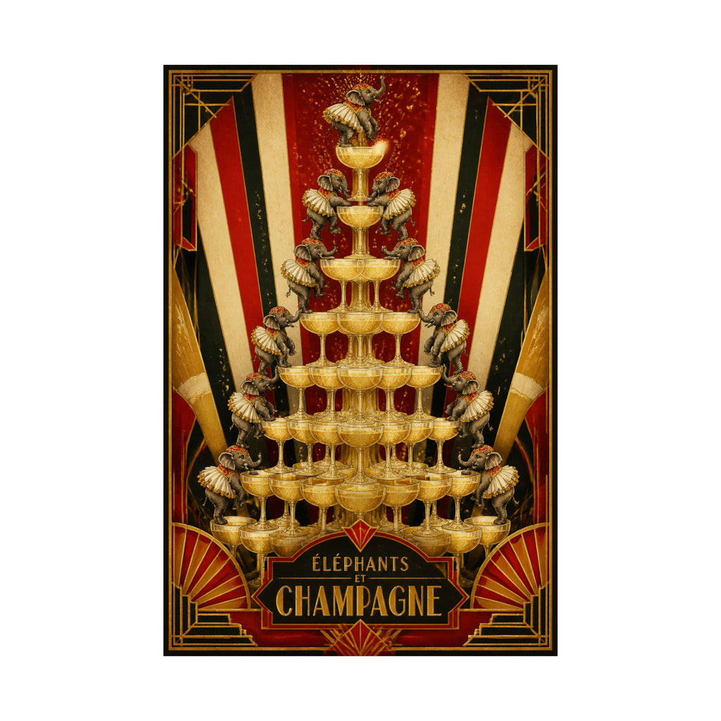 Champagne Tower Elephants Wall Art Poster 24×36 Art Deco Bar Area Decor Maximalist Print