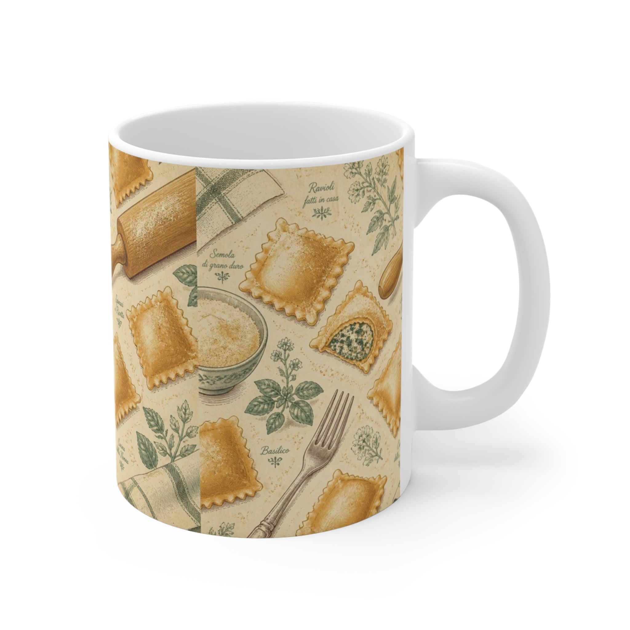 Fresh Ravioli 11oz Ceramic Mug Mediterranean Kitchen Botanical Design Italian Cottagecore Gift
