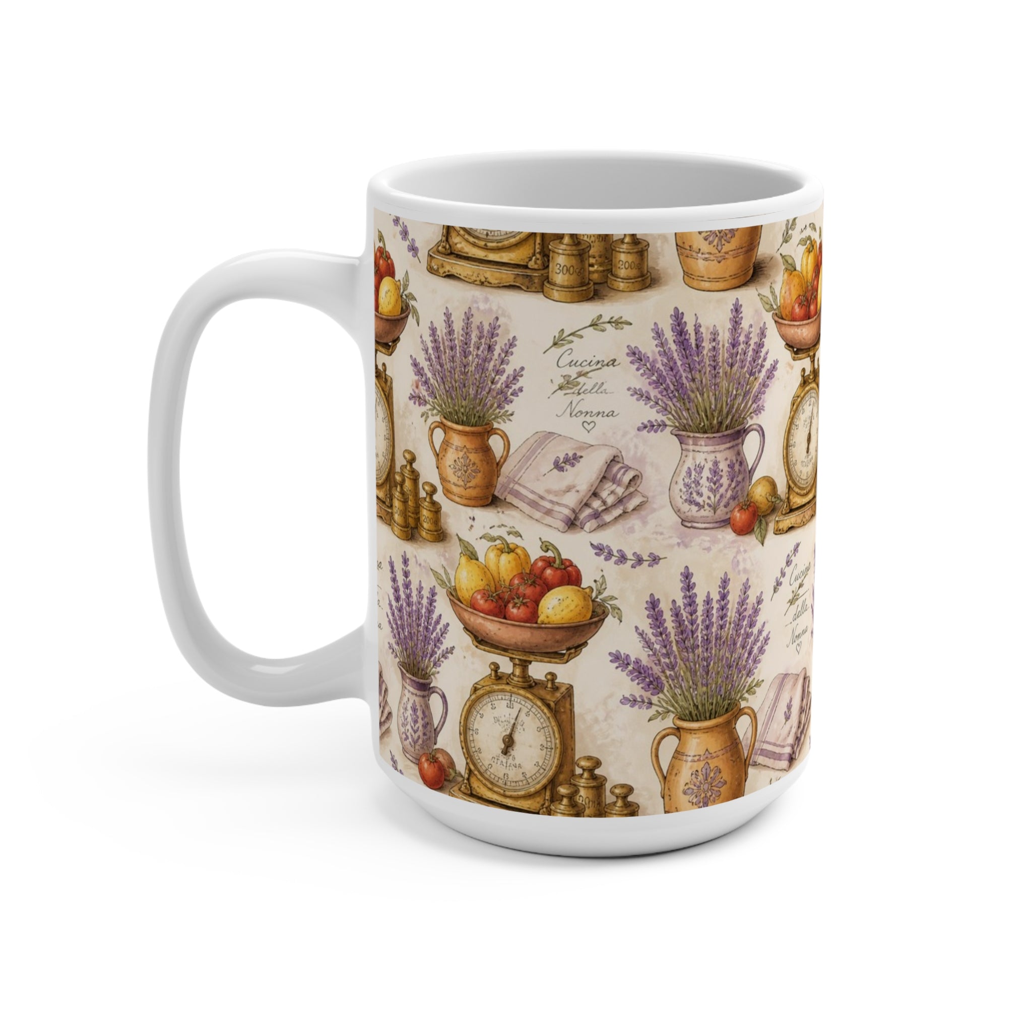 Vintage Kitchen Scale 15oz Ceramic Mug Mediterranean Kitchen Watercolor Design Italian Cottagecore Gift