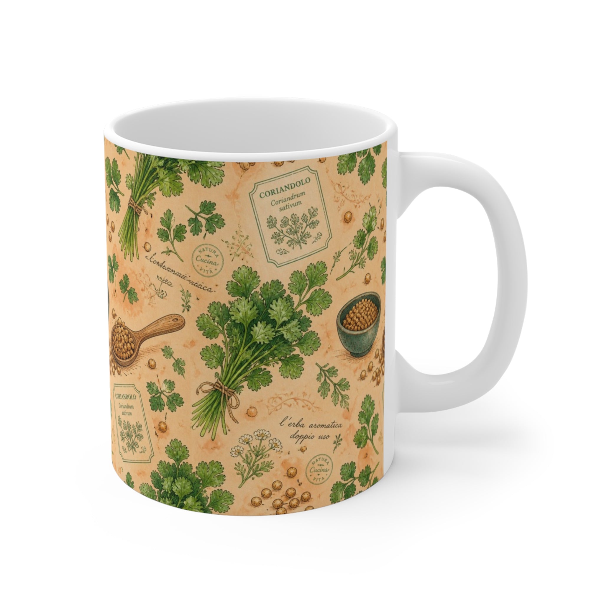 Coriander & Seeds 11oz Ceramic Mug Mediterranean Kitchen Watercolor Design Italian Cottagecore Gift