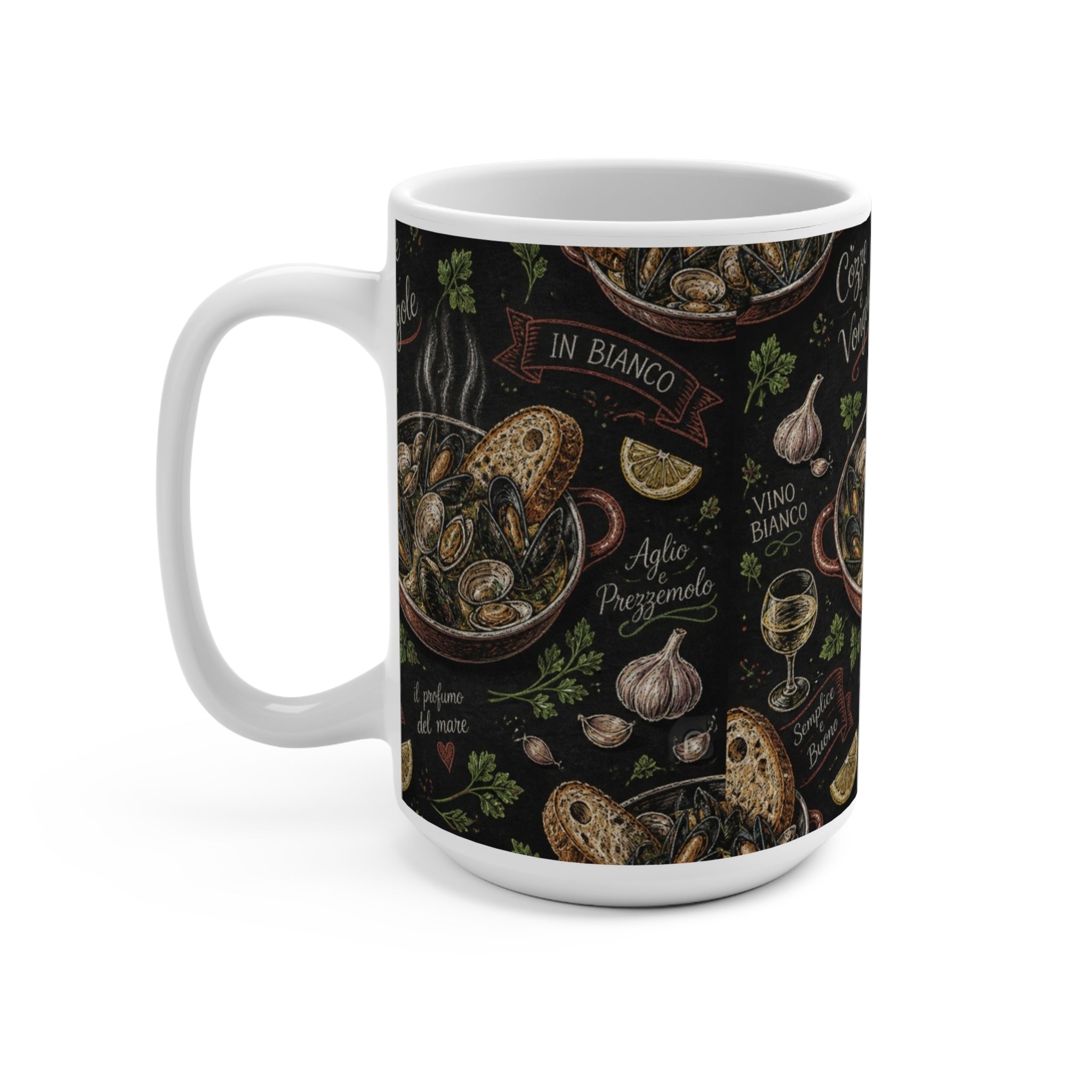 Mussels & Clams 15oz Ceramic Mug Mediterranean Kitchen Chalk Art Design Italian Cottagecore Gift