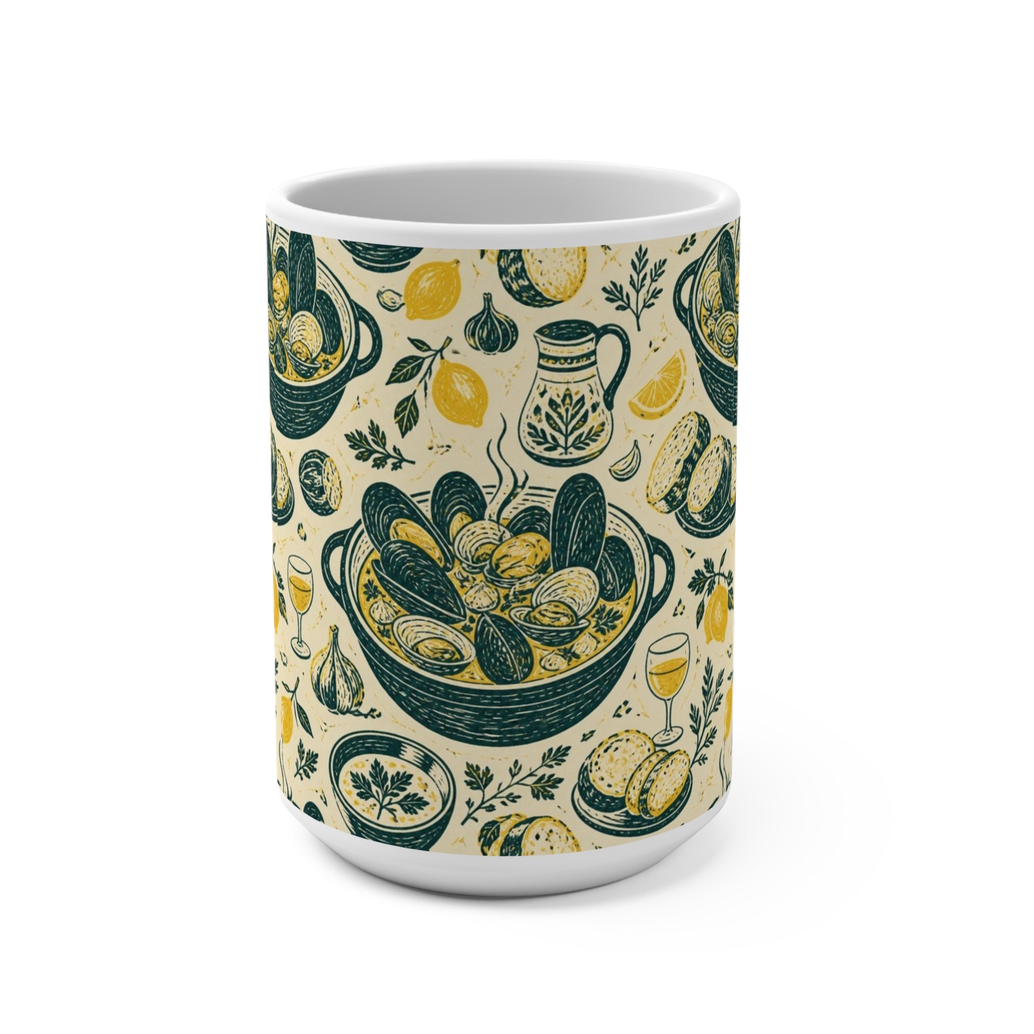 Mussels & Clams 15oz Ceramic Mug Mediterranean Kitchen Linocut Design Italian Cottagecore Gift