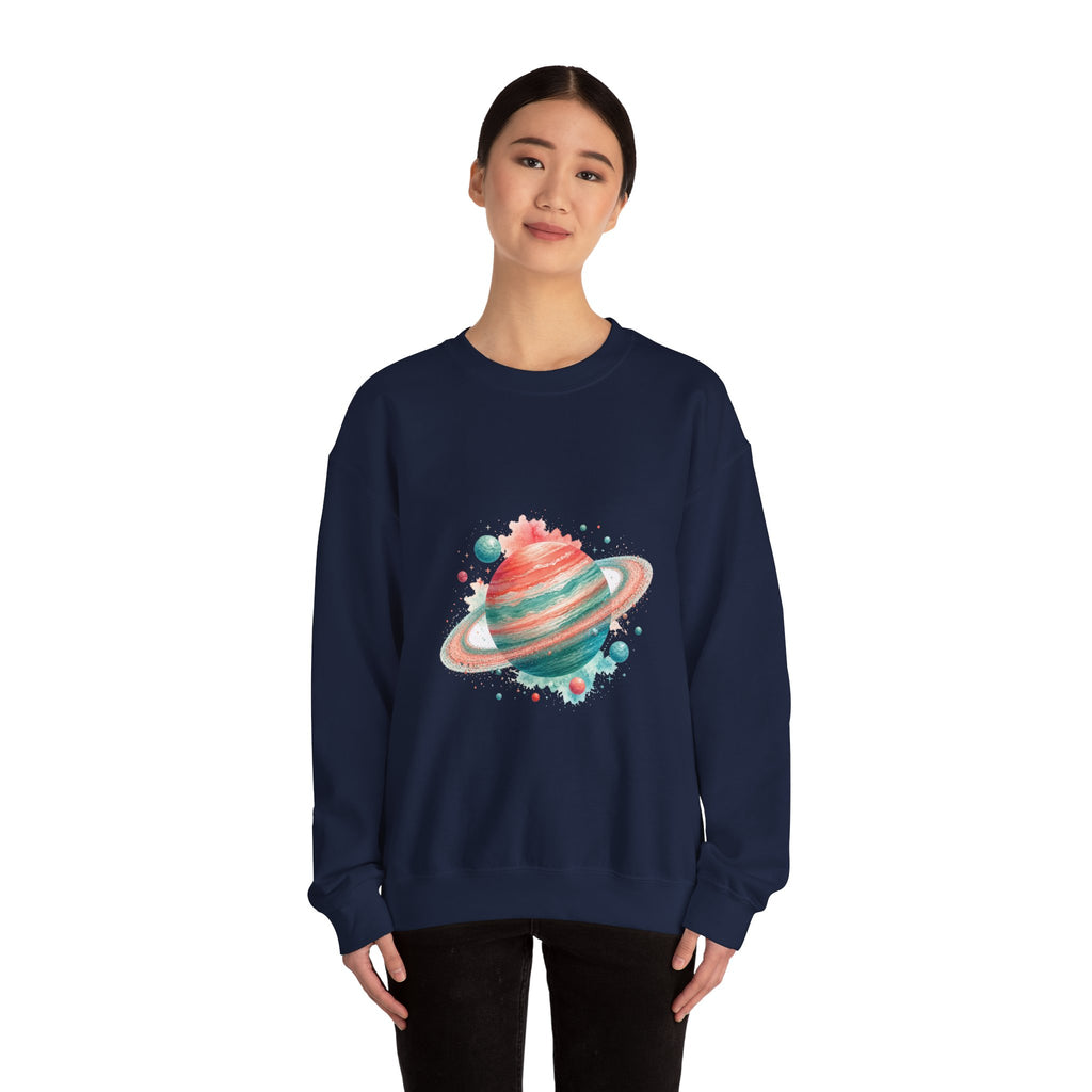 Matching Couple Sweatshirt - Astronaut & Planet Matching Couple Premium Fleece Sweatshirt Watercolor Art His Hers Birthday Gift - Design B