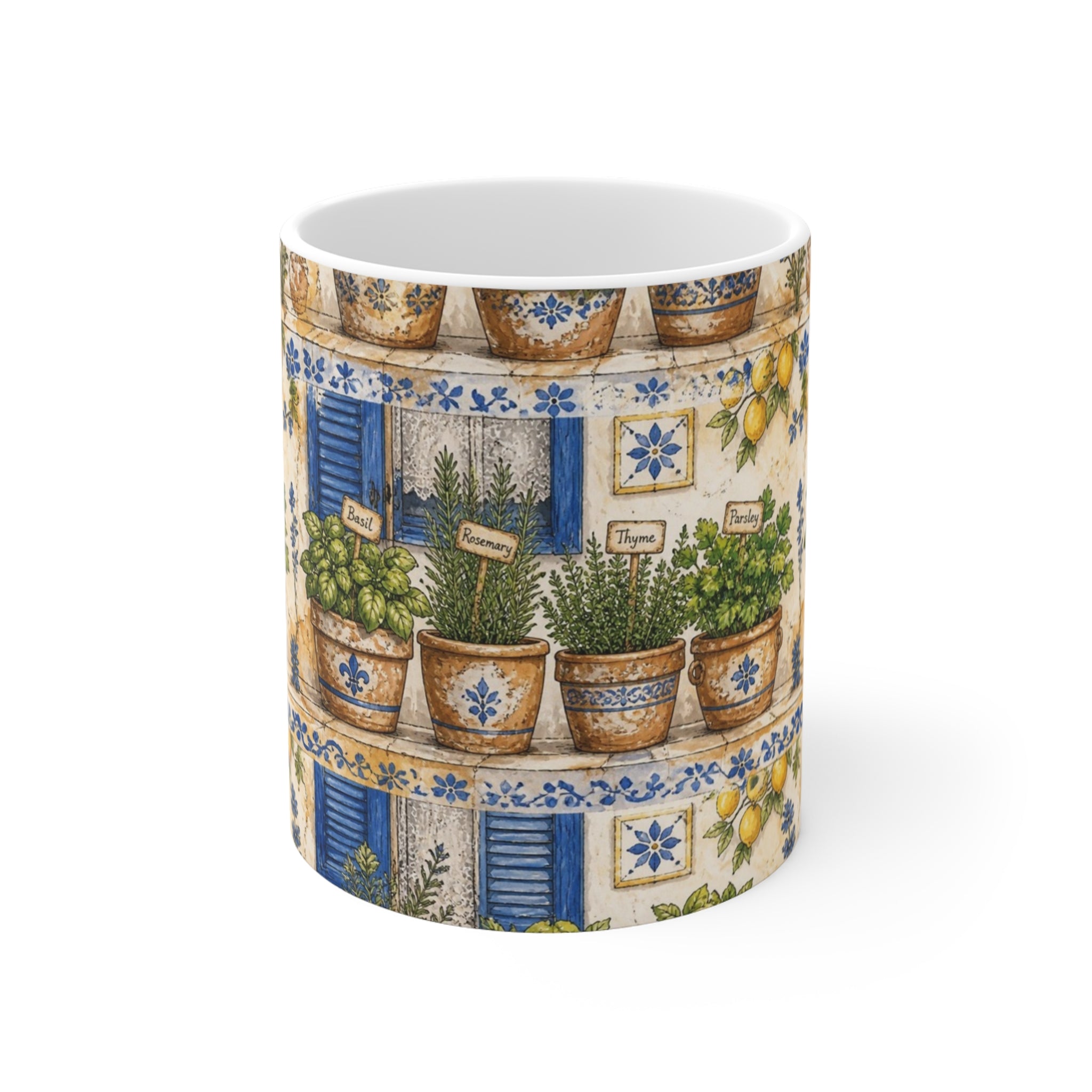 Terracotta Herb Pots 11oz Ceramic Mug Mediterranean Kitchen Watercolor Design Italian Cottagecore Gift