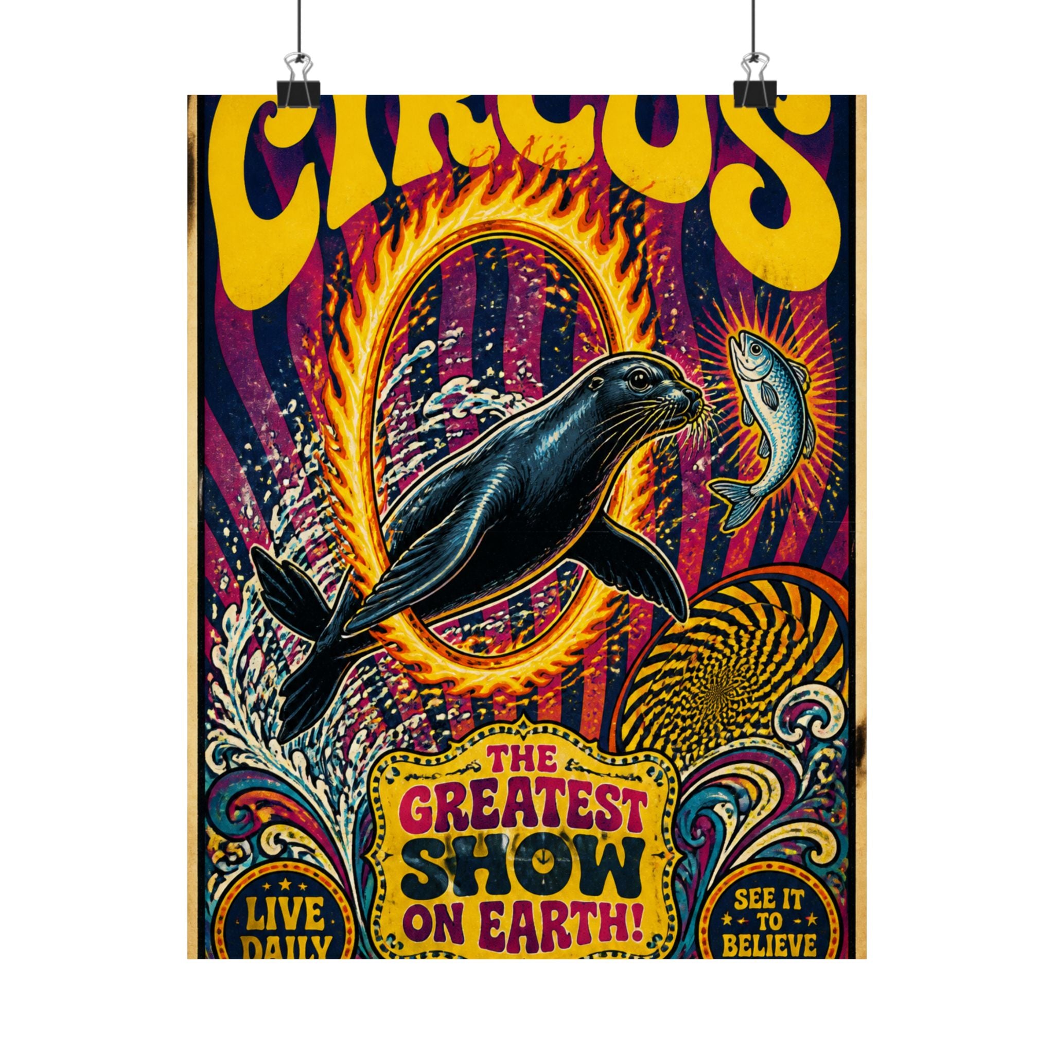 Seal Fire Hoop Wall Art Poster 18×24 Psychedelic Cafe Decor Maximalist Print