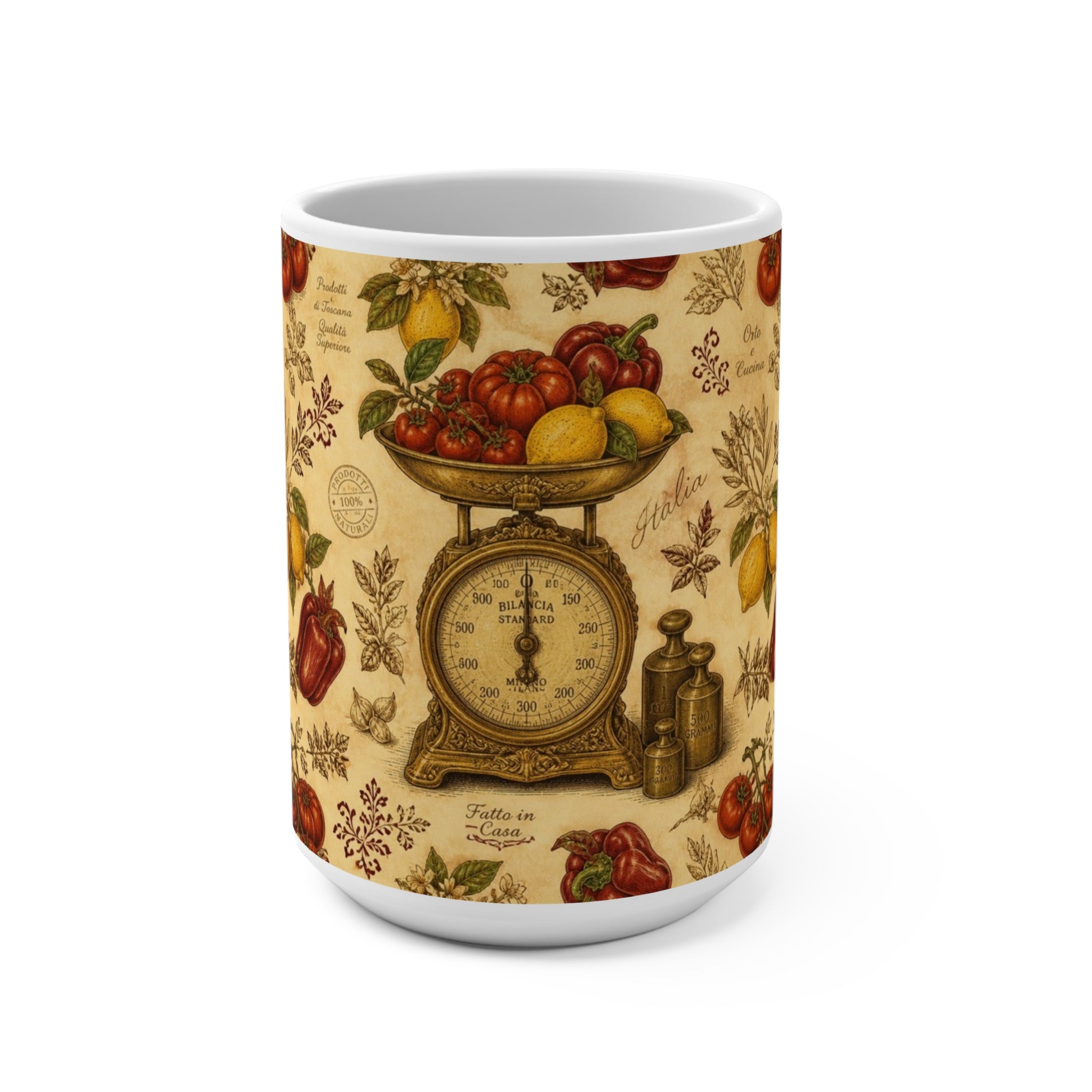Vintage Kitchen Scale 15oz Ceramic Mug Mediterranean Kitchen Botanical Design Italian Cottagecore Gift