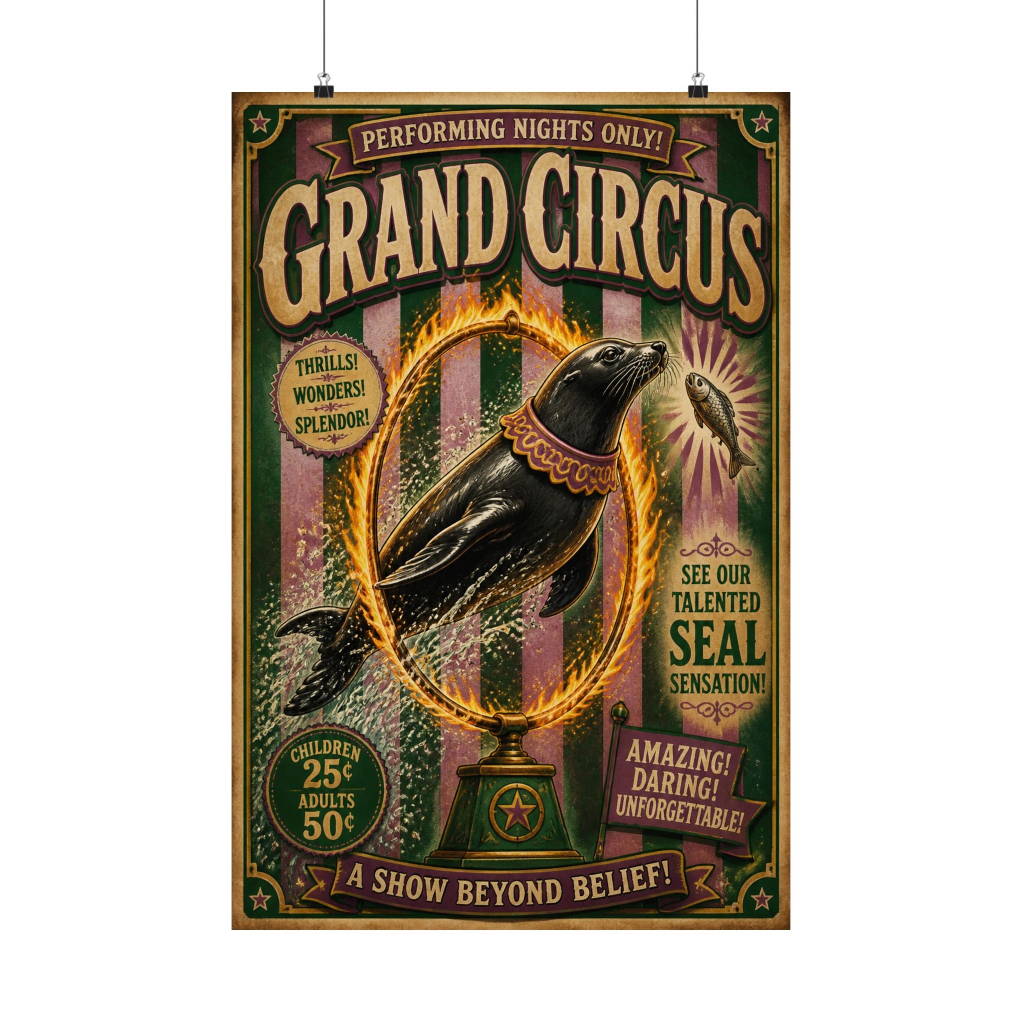 Seal Fire Hoop Wall Art Poster 24×36 Vintage Circus Bedroom Decor Maximalist Print