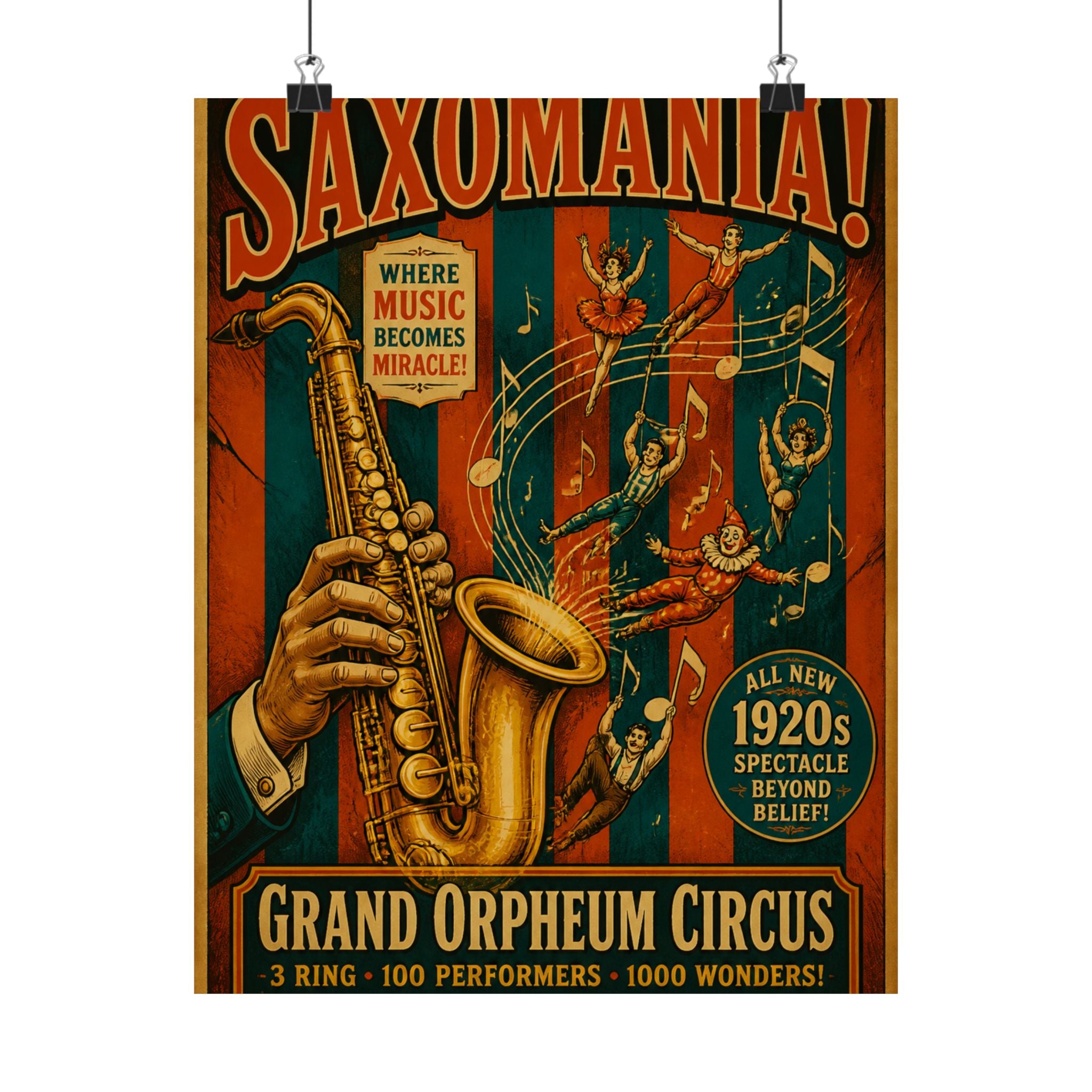 Saxophone Music Circus Wall Art Poster 18×24 Vintage Circus Kitchen Decor Maximalist Print