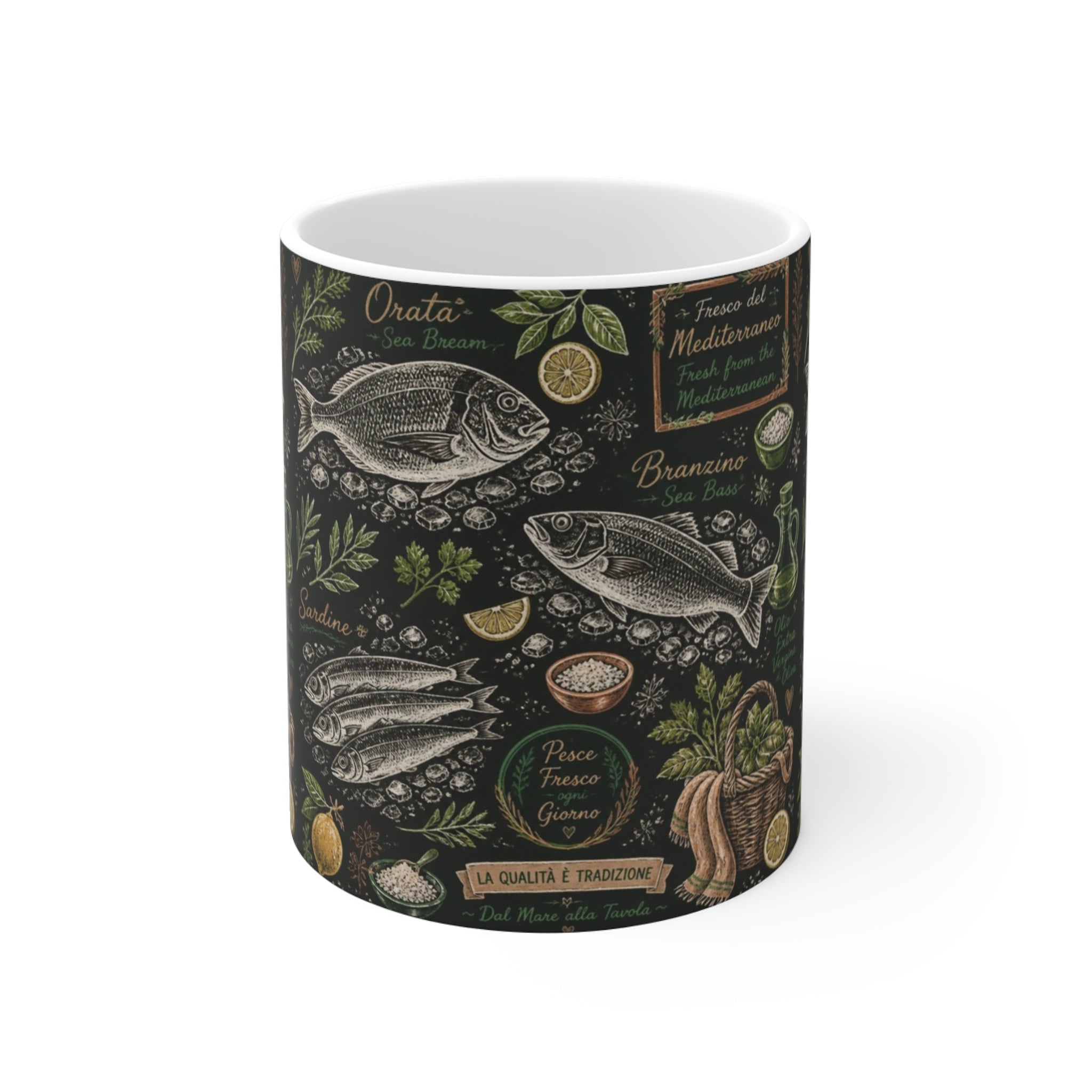Mediterranean Fish 11oz Ceramic Mug Mediterranean Kitchen Chalk Art Design Italian Cottagecore Gift