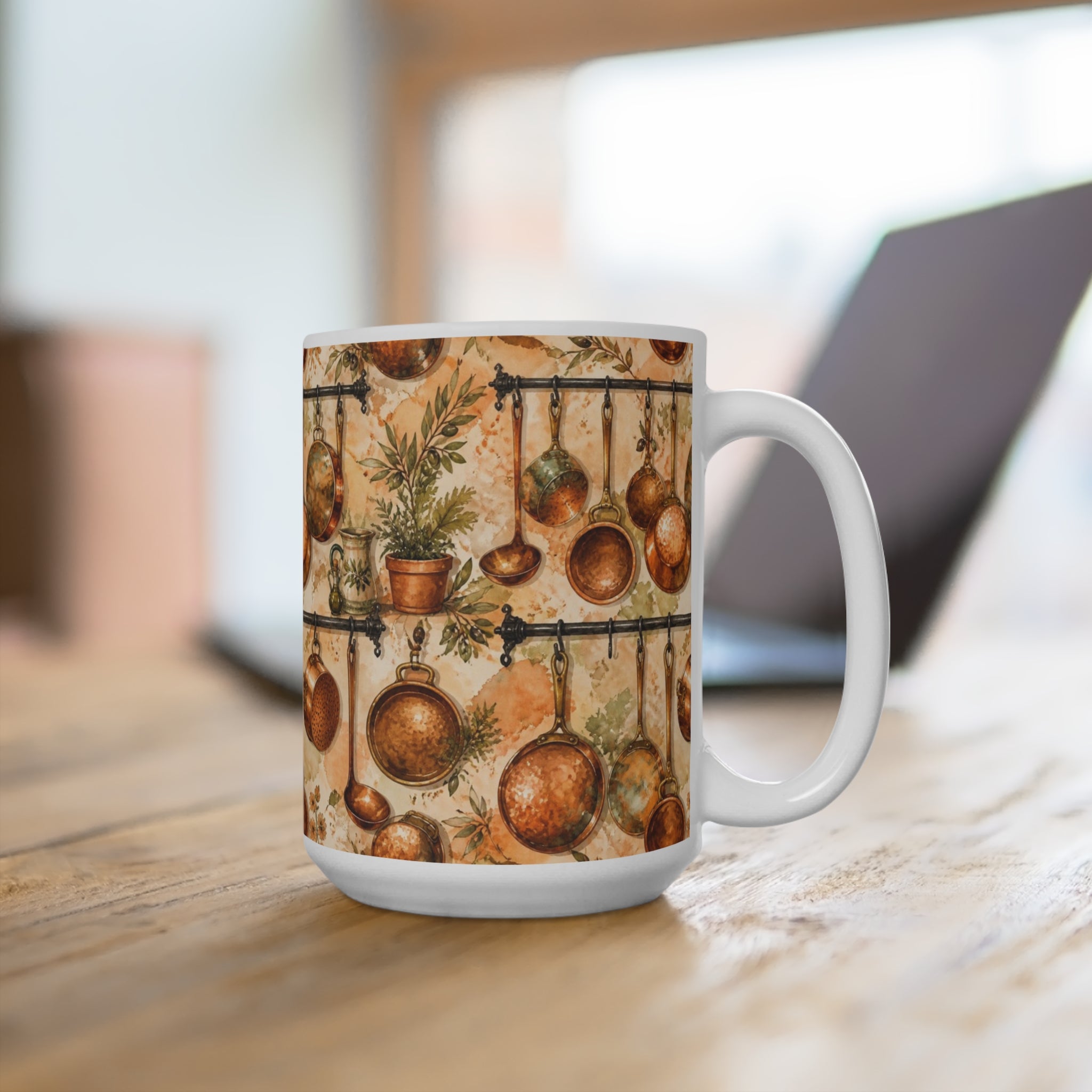 Copper Cookware 15oz Ceramic Mug Mediterranean Kitchen Watercolor Splash Design Italian Cottagecore Gift
