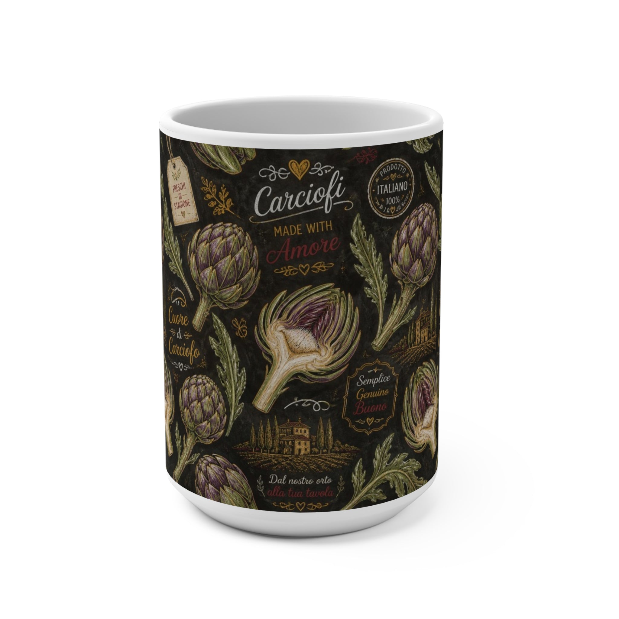 Globe Artichokes 15oz Ceramic Mug Mediterranean Kitchen Chalk Art Design Italian Cottagecore Gift
