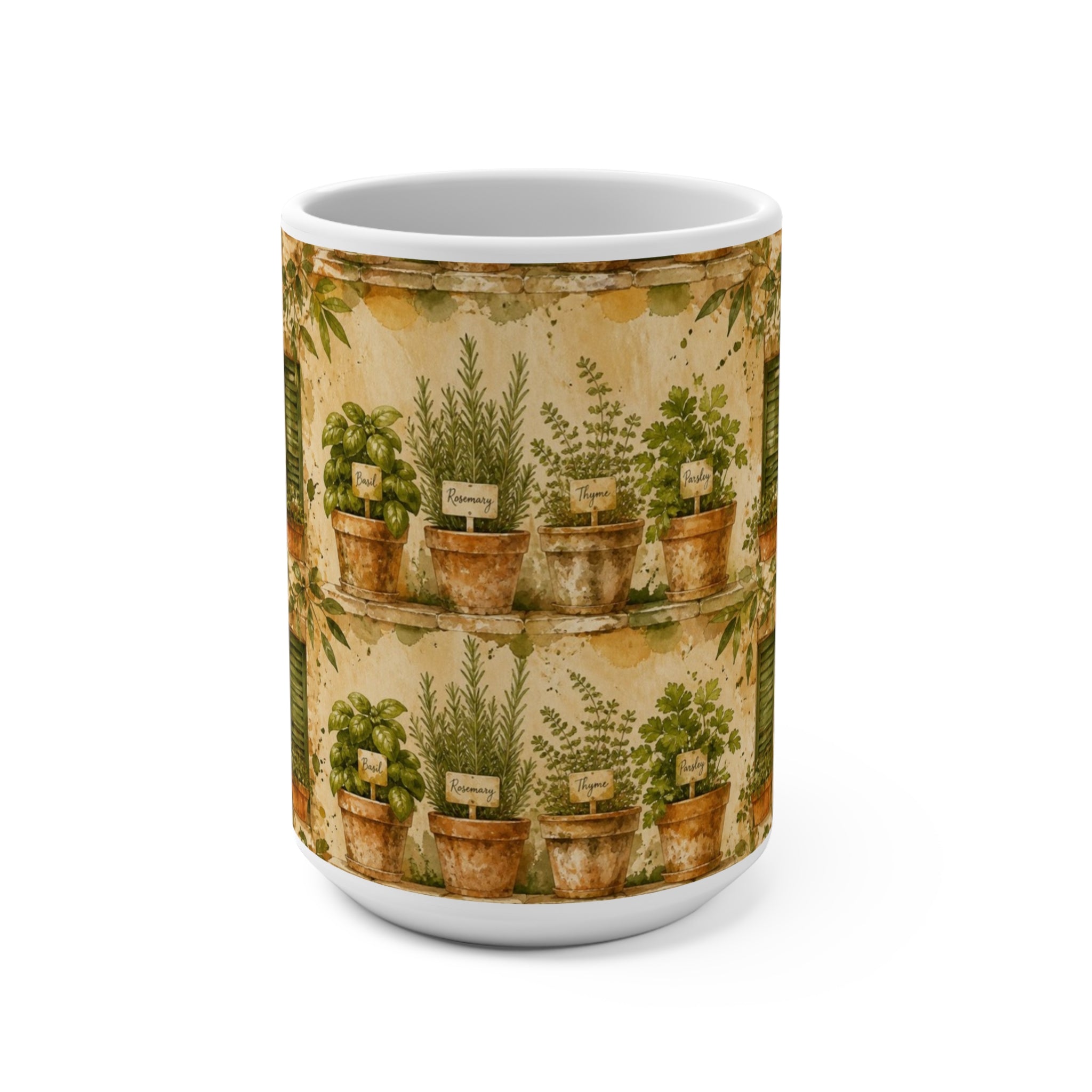 Terracotta Herb Pots 15oz Ceramic Mug Mediterranean Kitchen Watercolor Splash Design Italian Cottagecore Gift