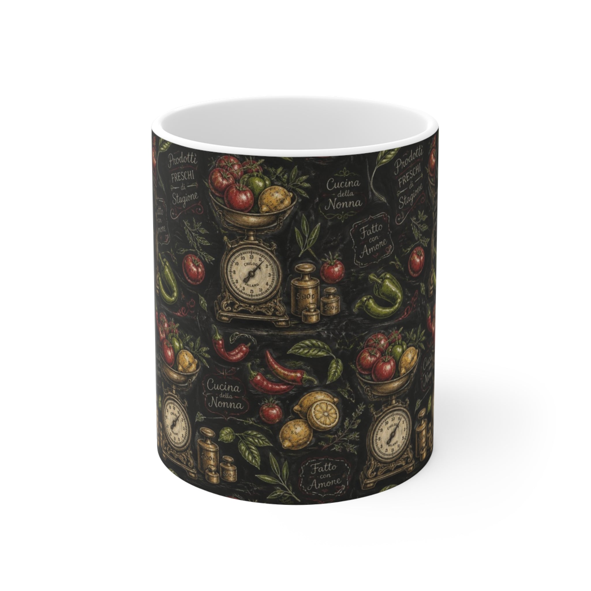 Vintage Kitchen Scale 11oz Ceramic Mug Mediterranean Kitchen Chalk Art Design Italian Cottagecore Gift