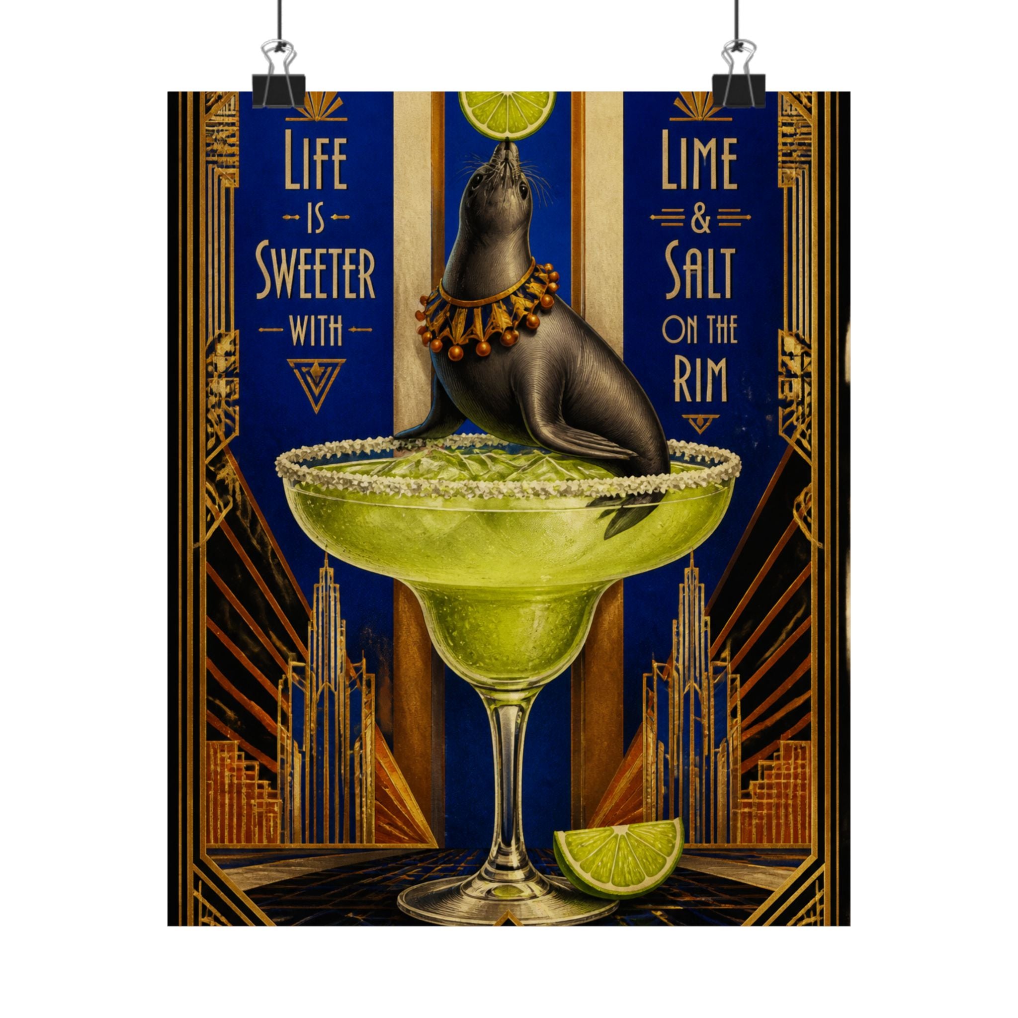 Margarita Balancing Seal Wall Art Poster 24×36 Art Deco Bar Area Decor Maximalist Print