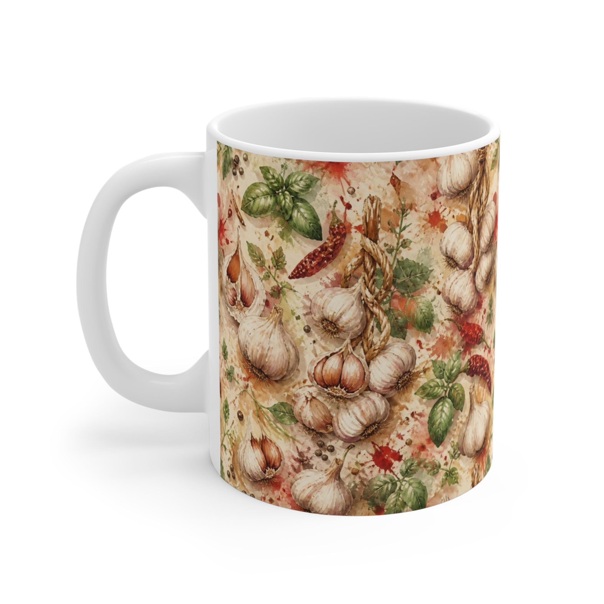 Garlic Bulbs & Cloves 11oz Ceramic Mug Mediterranean Kitchen Watercolor Splash Design Italian Cottagecore Gift