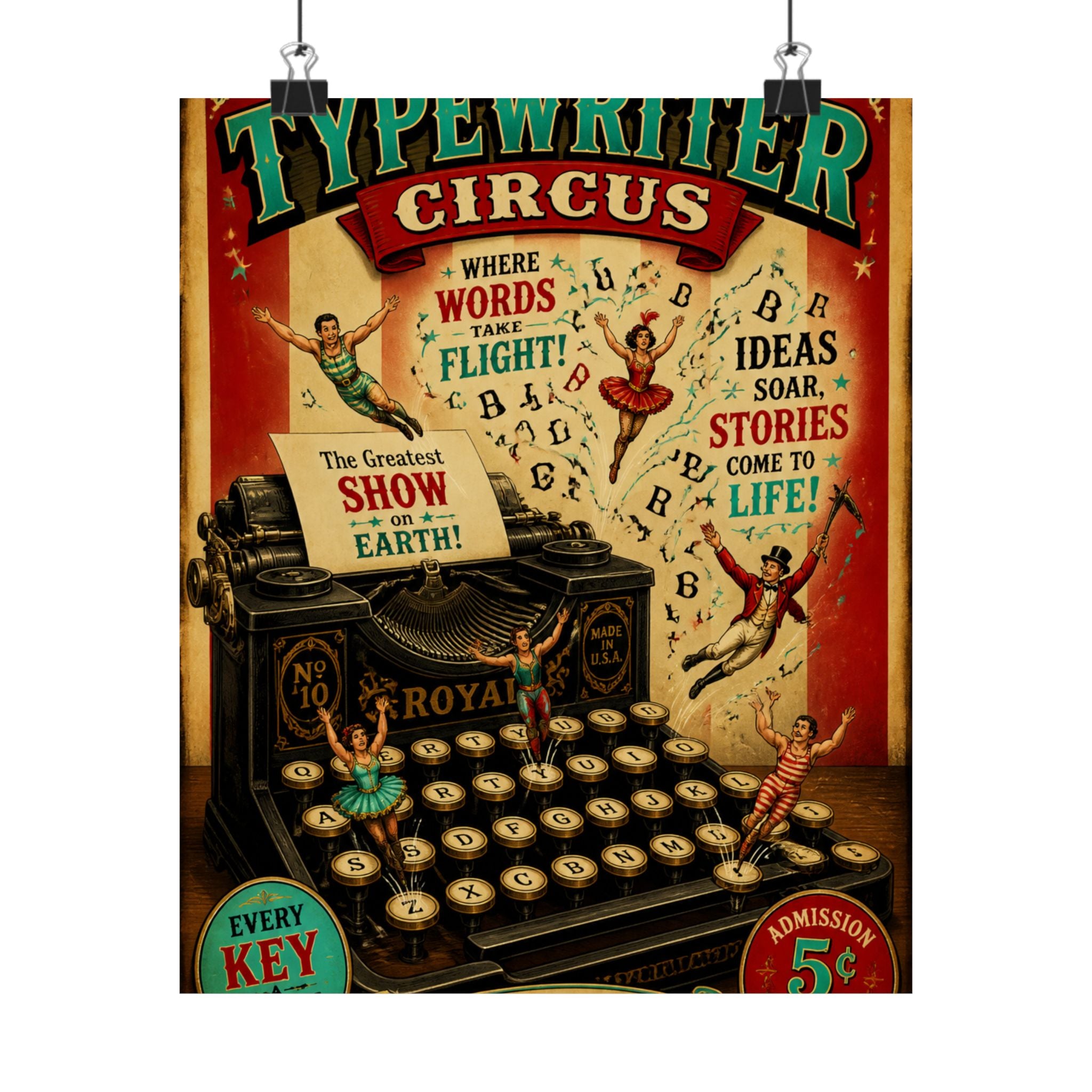 Typewriter Flying Letters Wall Art Poster 18×24 Vintage Circus Kitchen Decor Maximalist Print