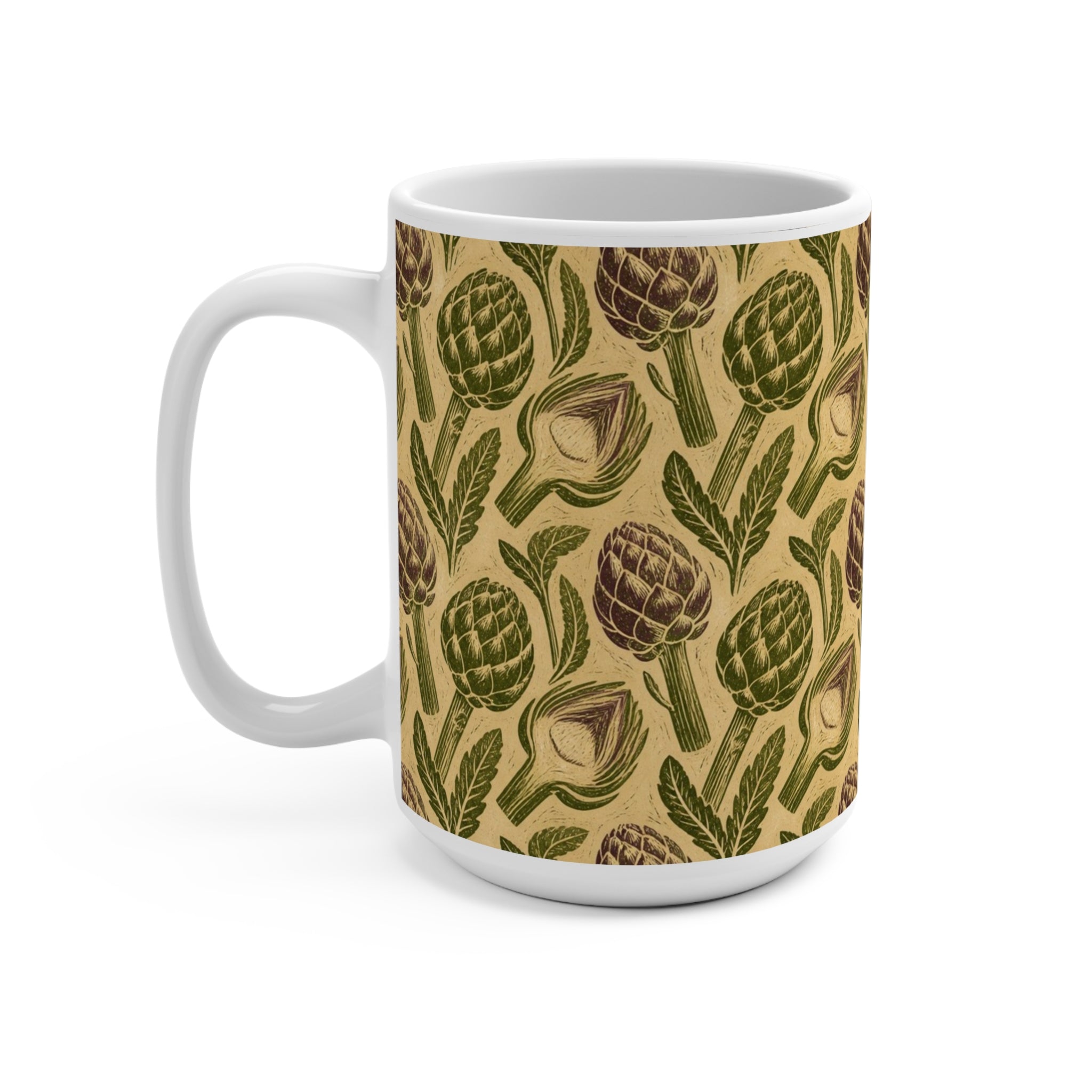 Globe Artichokes 15oz Ceramic Mug Mediterranean Kitchen Linocut Design Italian Cottagecore Gift