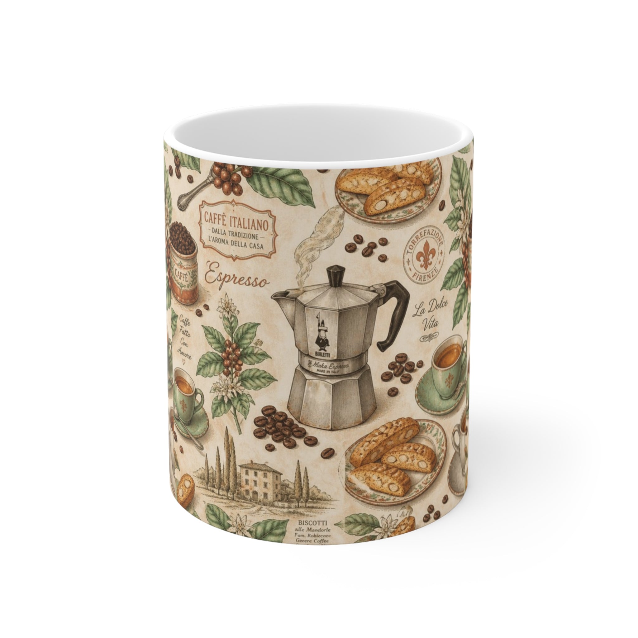 Espresso Moka Pot 11oz Ceramic Mug Mediterranean Kitchen Botanical Design Italian Cottagecore Gift