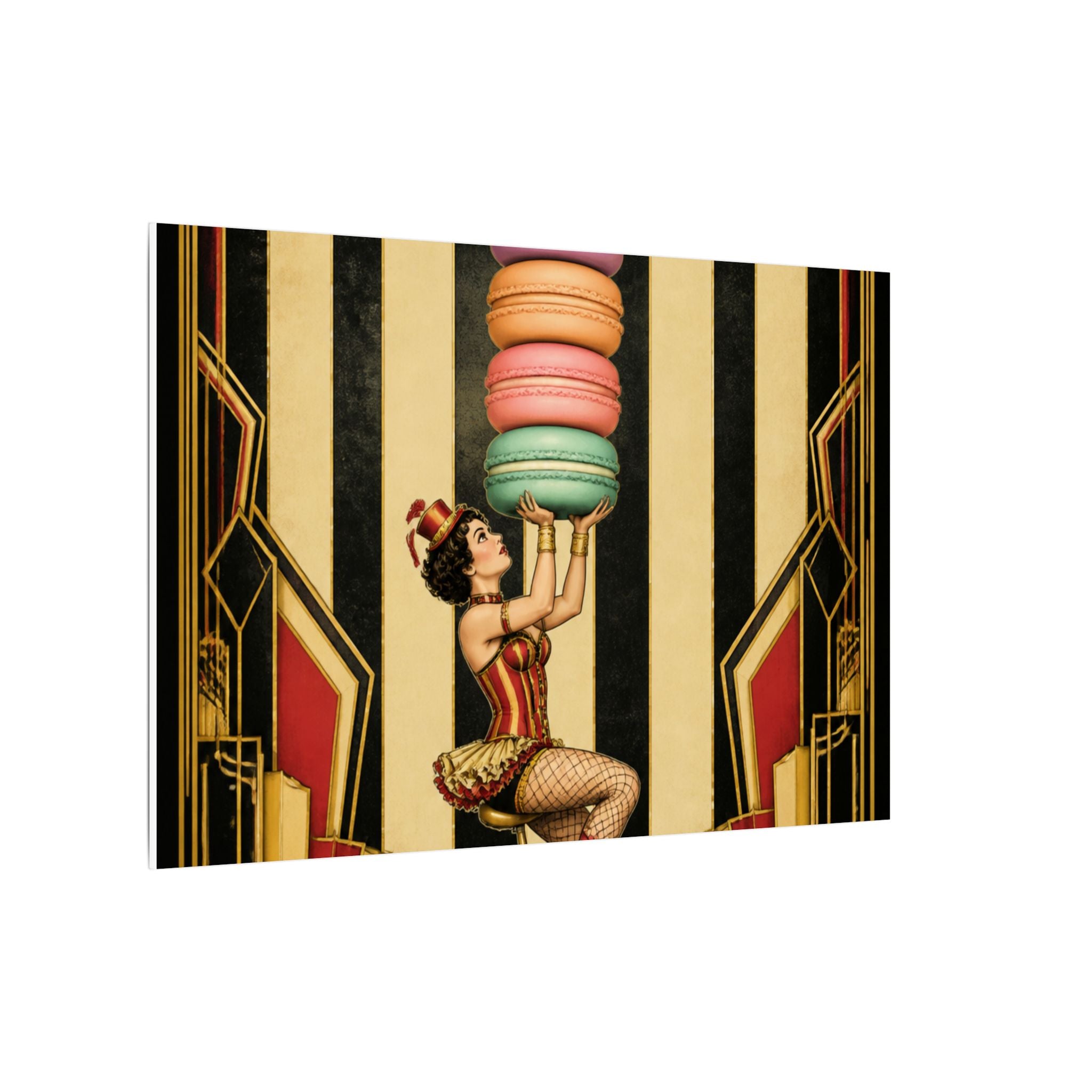 Macaron Balancing Tower Wall Art Canvas 24×36 Art Deco Bar Area Decor Maximalist Print