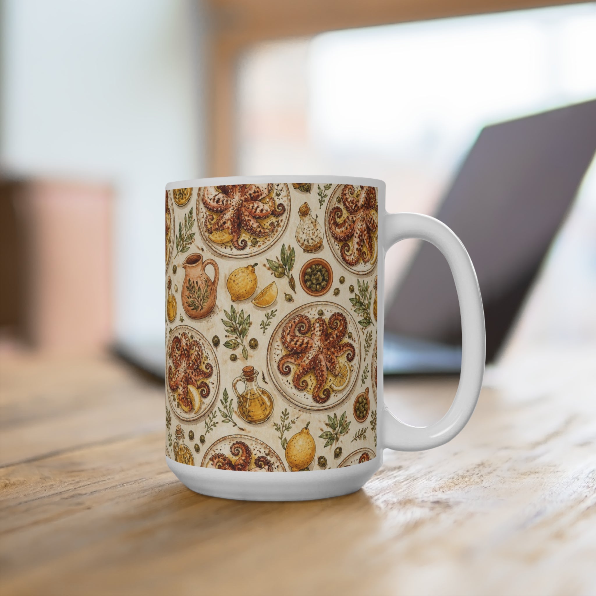 Grilled Octopus 15oz Ceramic Mug Mediterranean Kitchen Watercolor Design Italian Cottagecore Gift