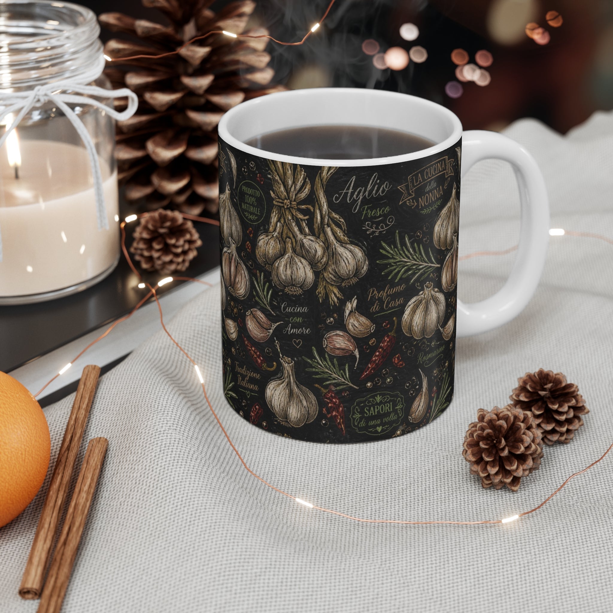 Garlic Bulbs & Cloves 11oz Ceramic Mug Mediterranean Kitchen Chalk Art Design Italian Cottagecore Gift