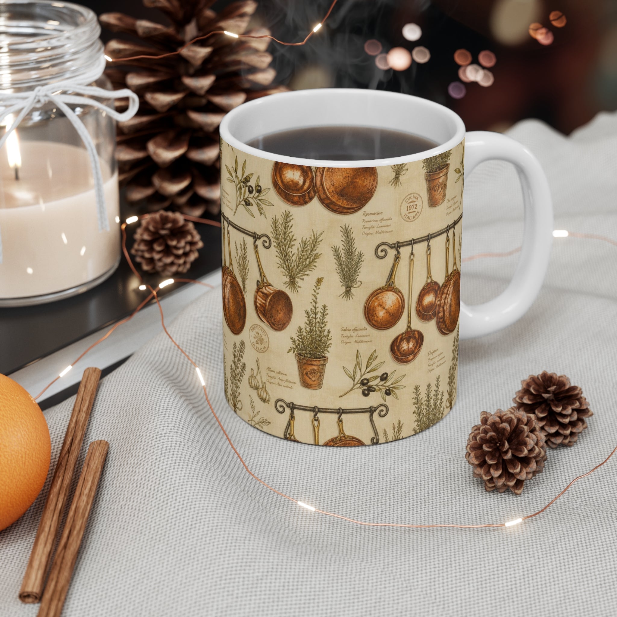 Copper Cookware 11oz Ceramic Mug Mediterranean Kitchen Botanical Design Italian Cottagecore Gift
