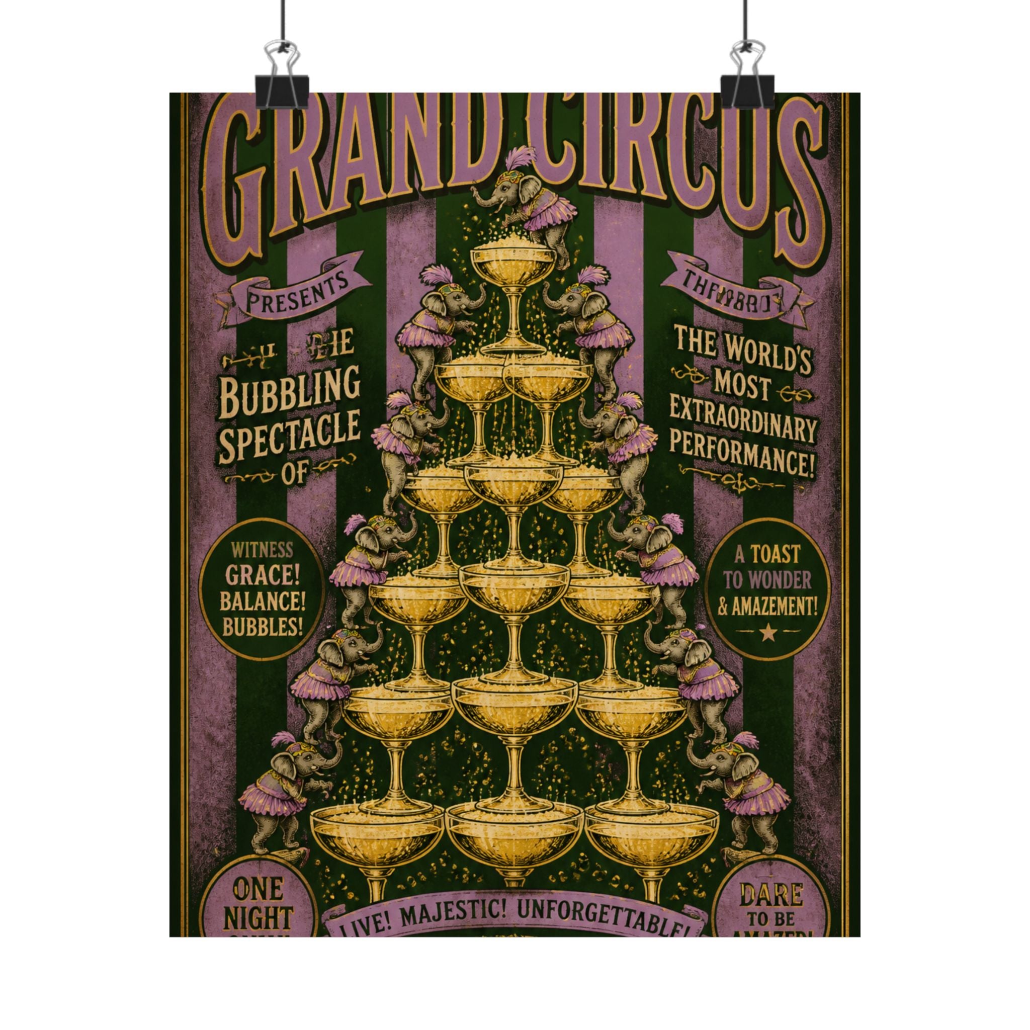 Champagne Tower Elephants Wall Art Poster 18×24 Vintage Circus Kitchen Decor Maximalist Print