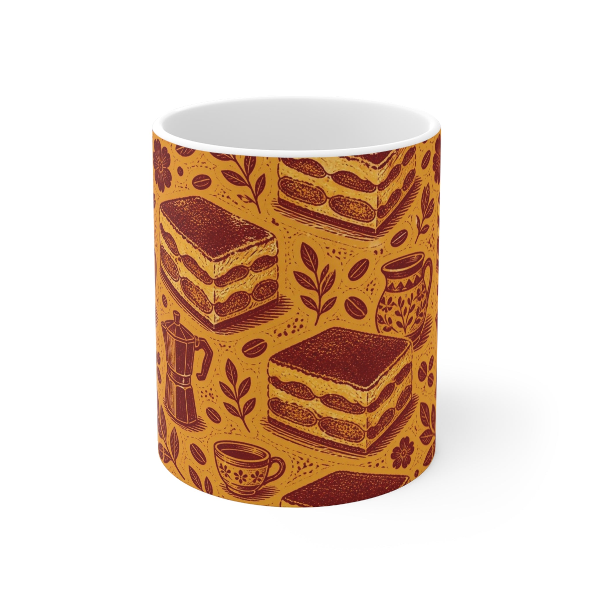 Tiramisu Layers 11oz Ceramic Mug Mediterranean Kitchen Linocut Design Italian Cottagecore Gift