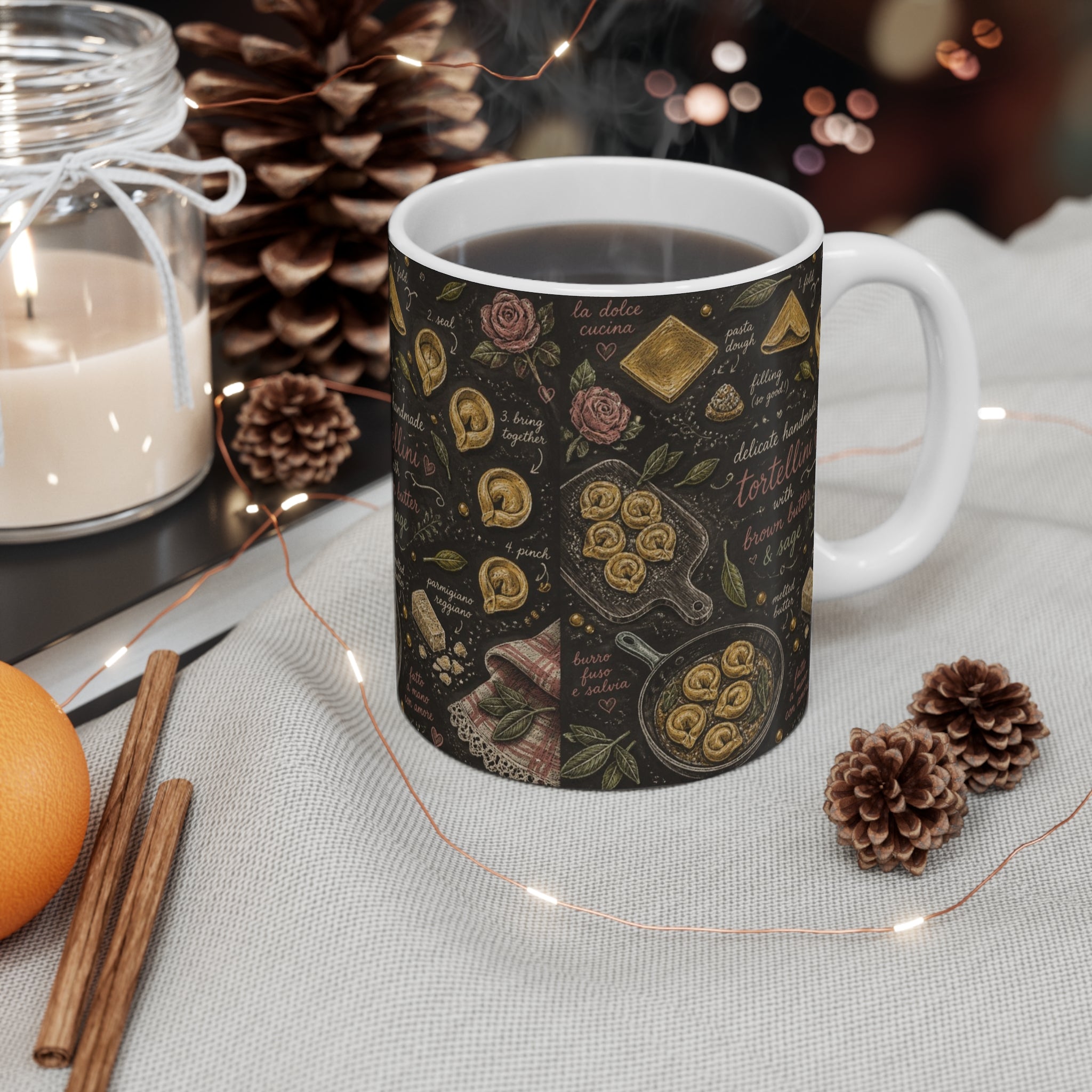 Tortellini with Sage 11oz Ceramic Mug Mediterranean Kitchen Chalk Art Design Italian Cottagecore Gift